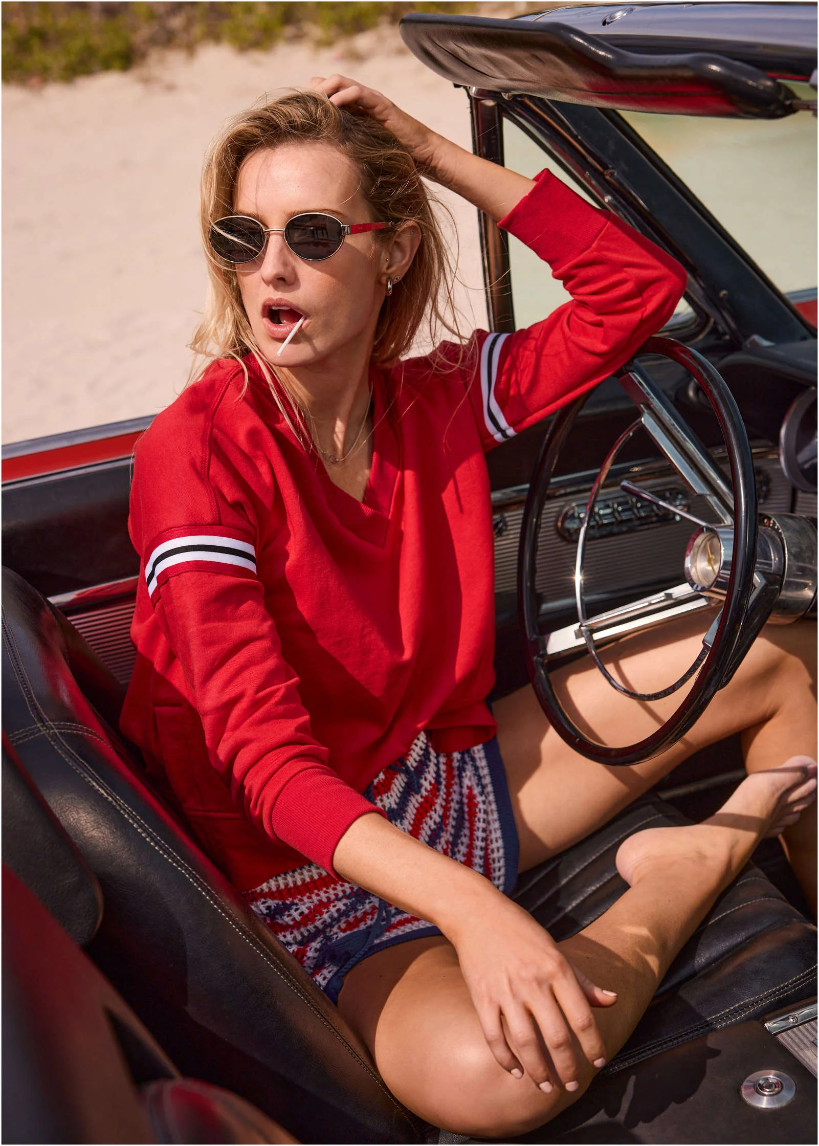 French Terry V-Neck Top - Red