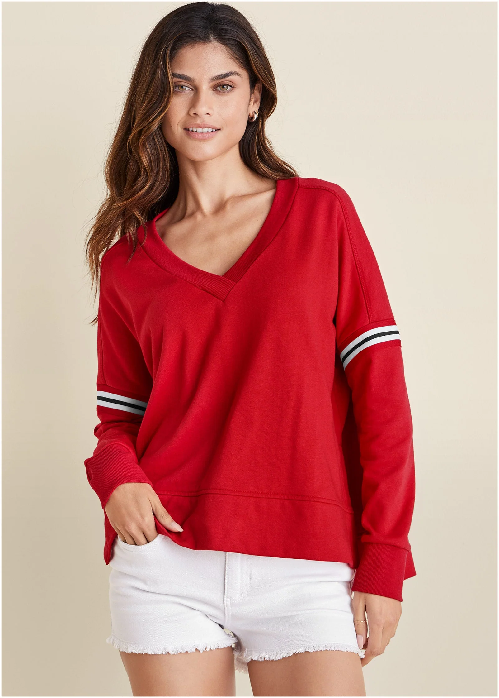 French Terry V-Neck Top - Red - Image 2