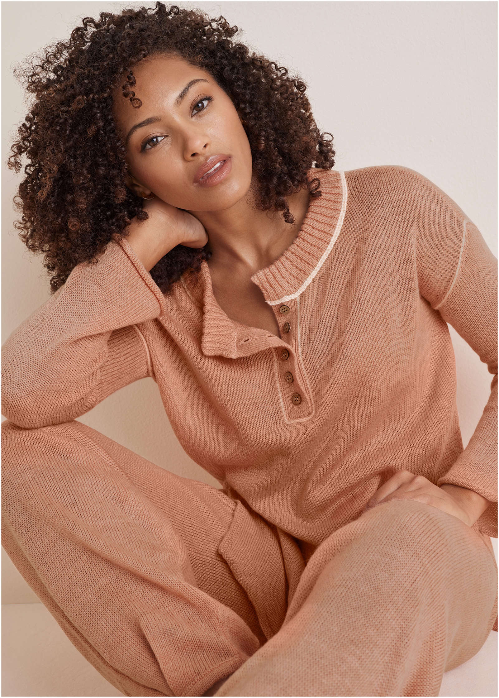 Contrast Stitch Henley - Dusty Rose