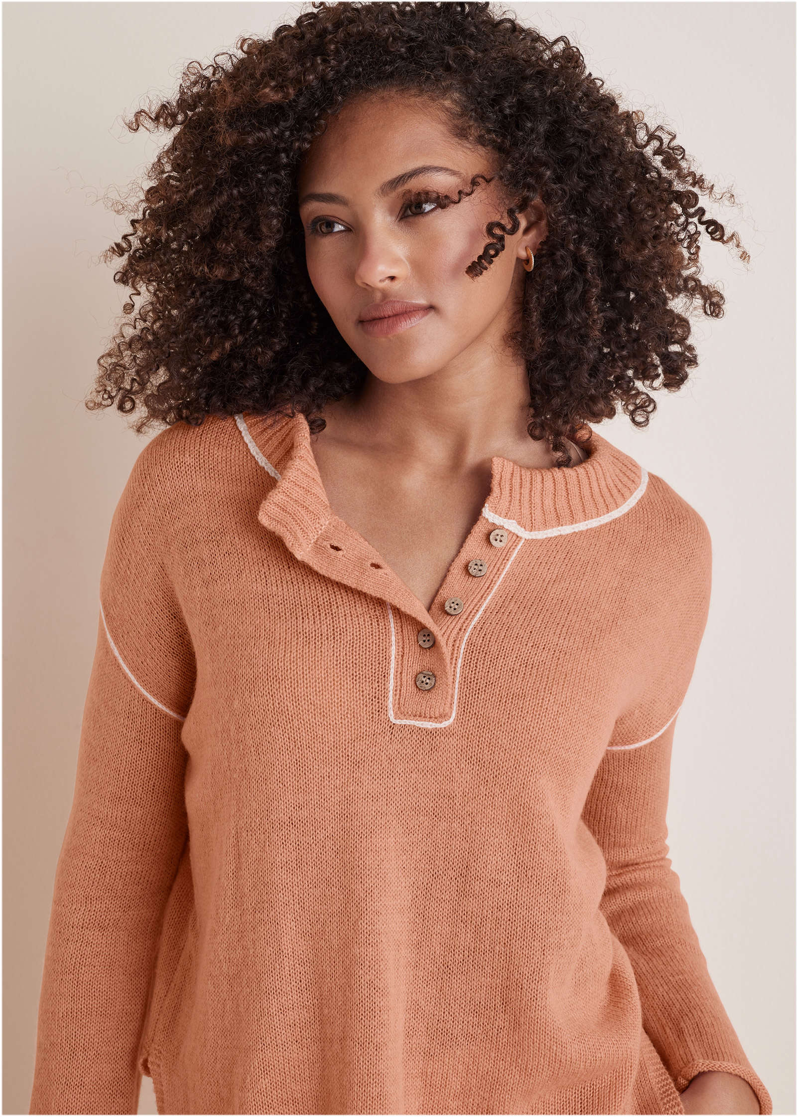 Contrast Stitch Henley - Dusty Rose - Image 2