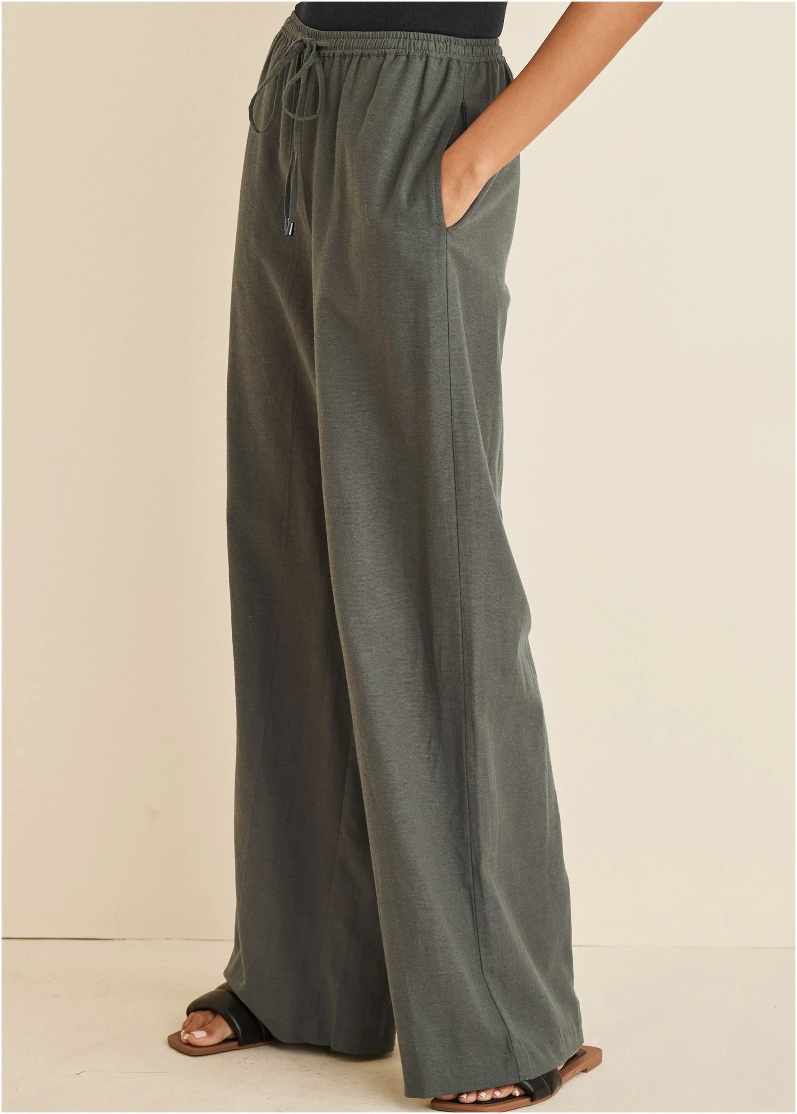 Linen Wide Leg Pants - Olive - Image 10