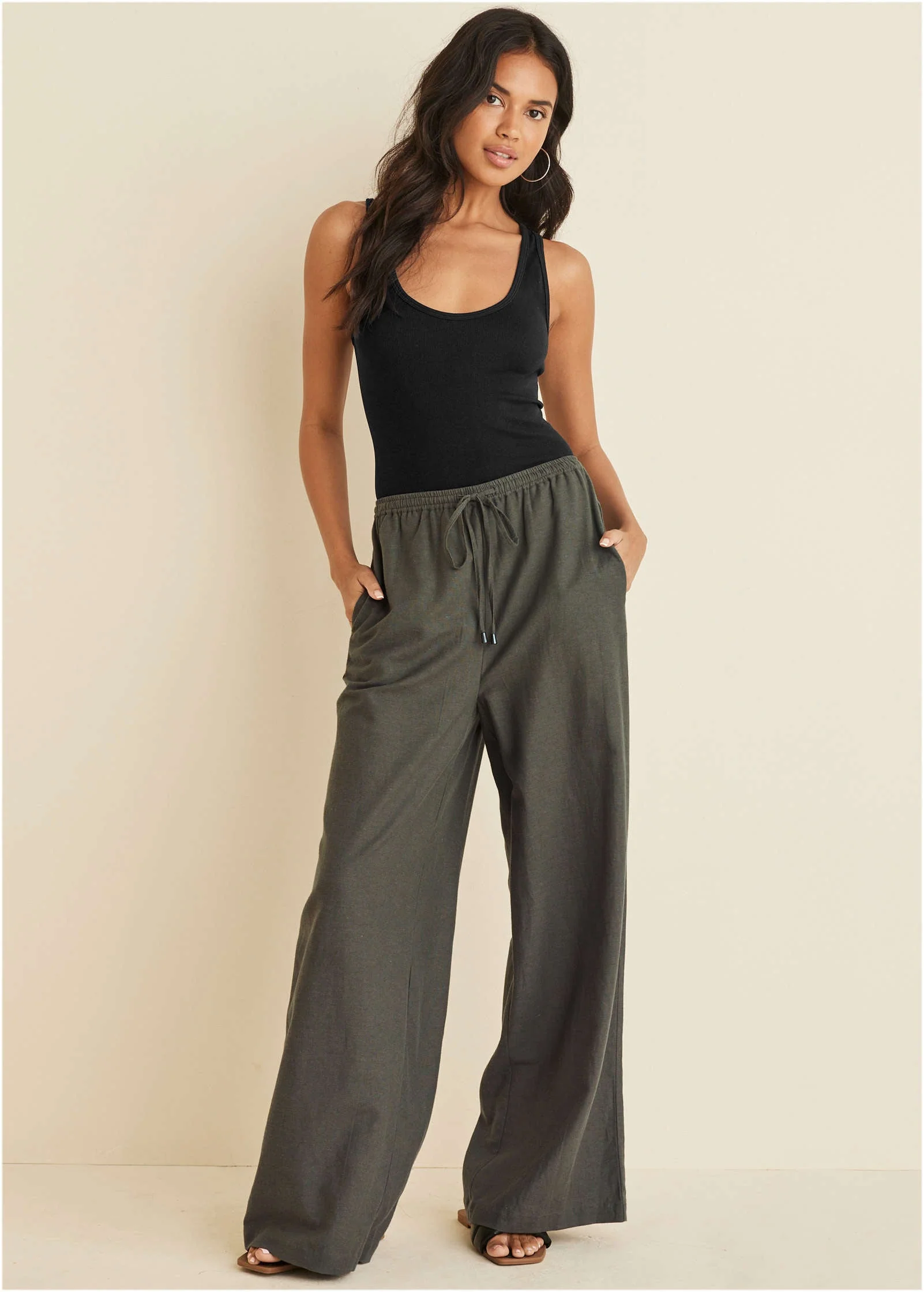Linen Wide Leg Pants - Olive - Image 2