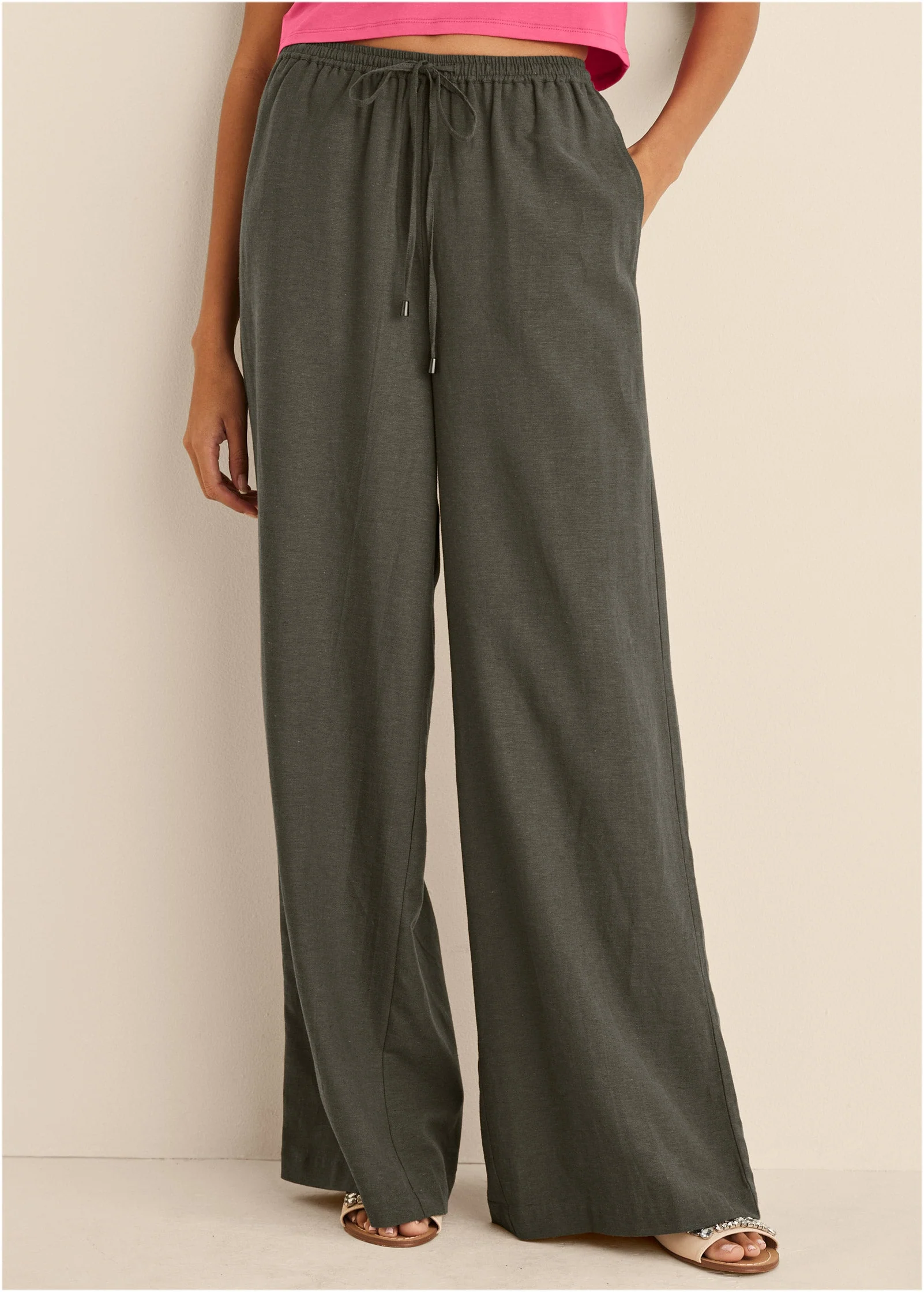 Linen Wide Leg Pants - Olive - Image 3
