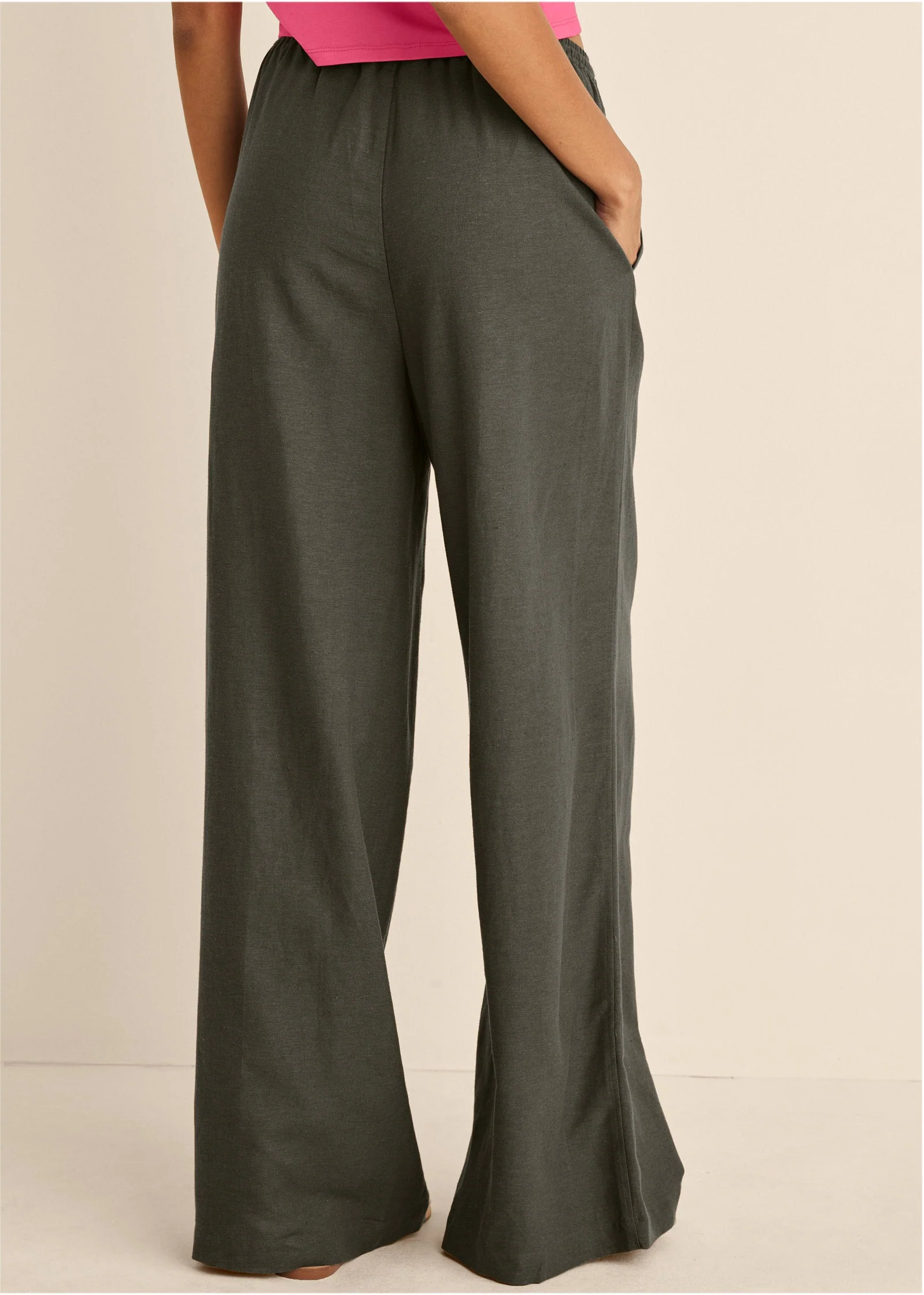 Linen Wide Leg Pants - Olive - Image 4
