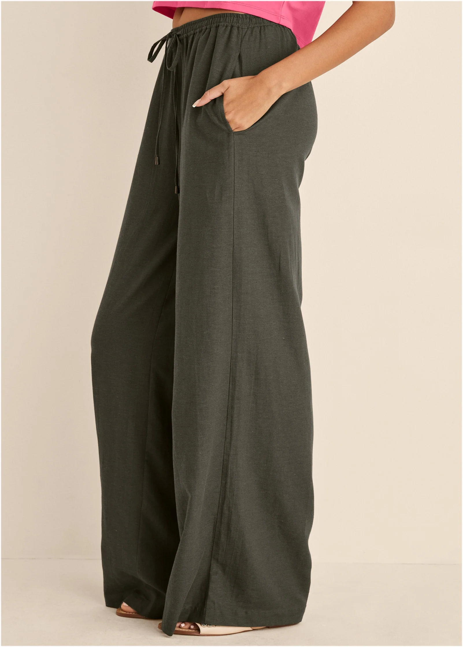 Linen Wide Leg Pants - Olive - Image 5