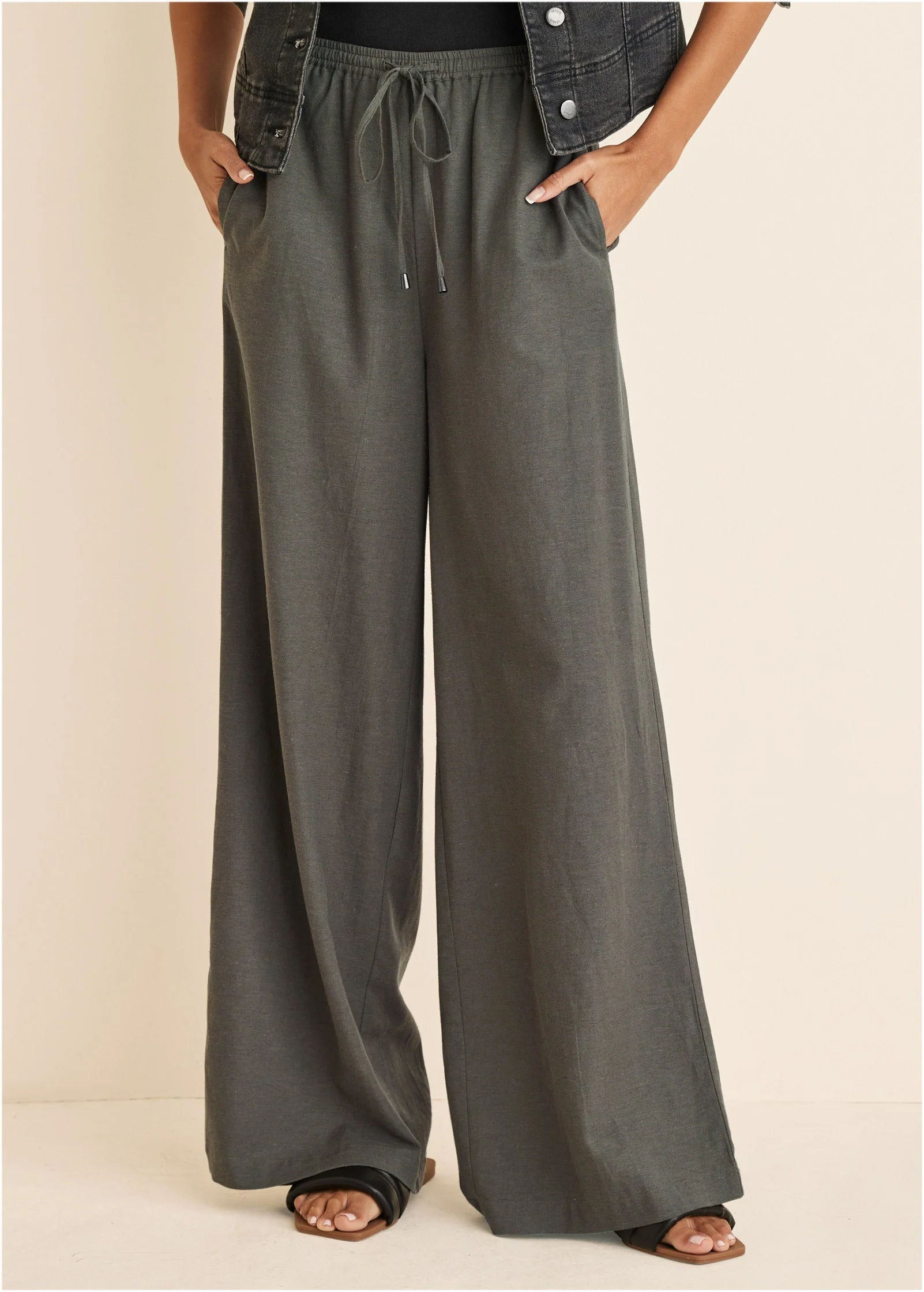 Linen Wide Leg Pants - Olive - Image 8