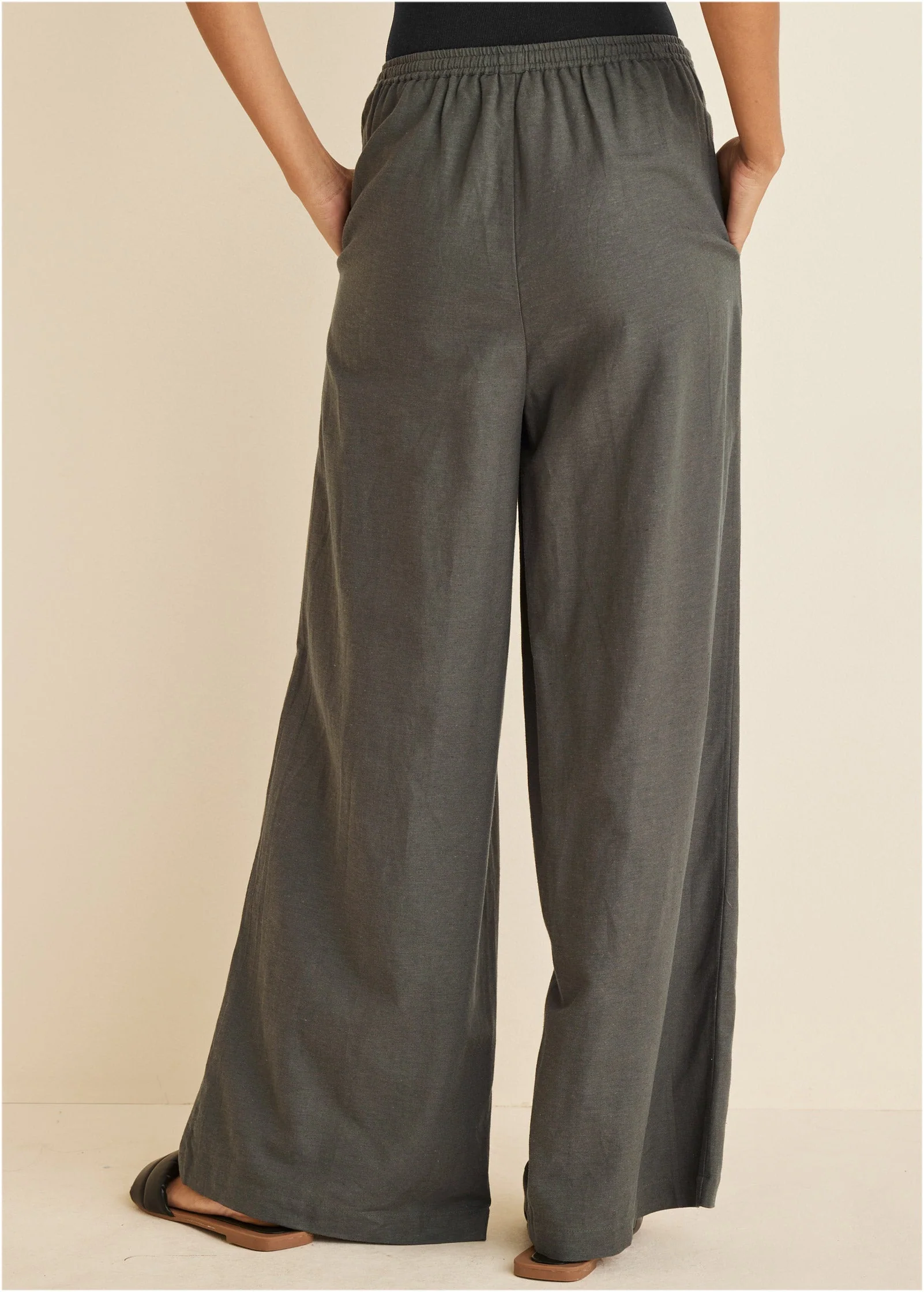 Linen Wide Leg Pants - Olive - Image 9