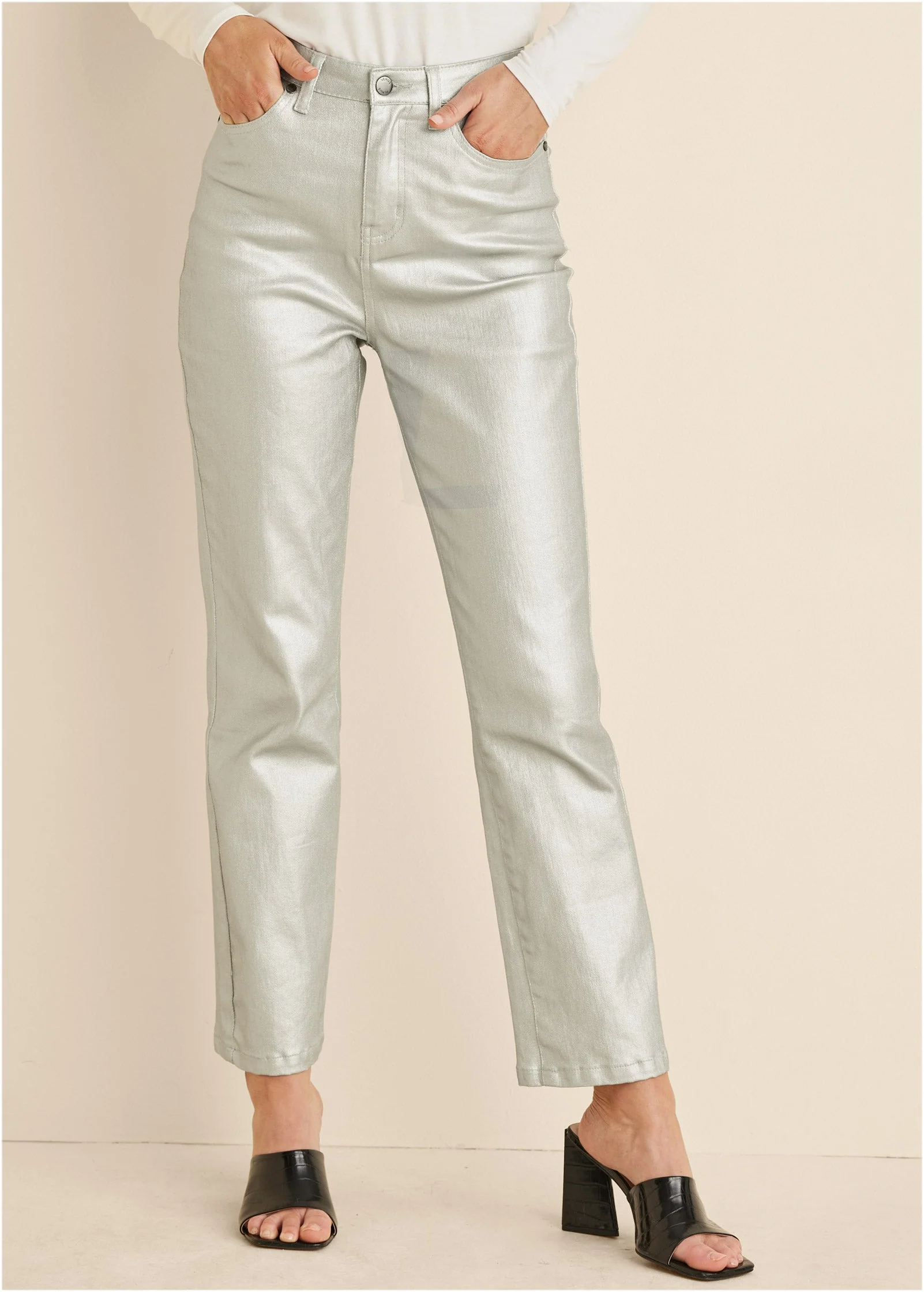Metallic Straight Leg Jeans - Silver Metallic - Image 3