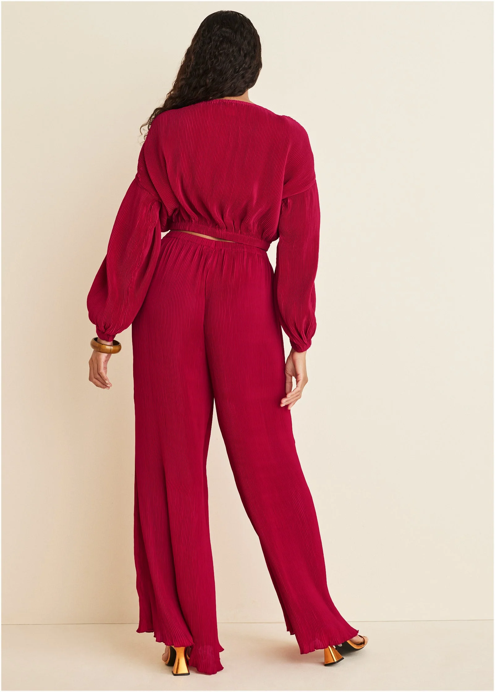 Plisse Wide Leg Pants - Red - Image 2