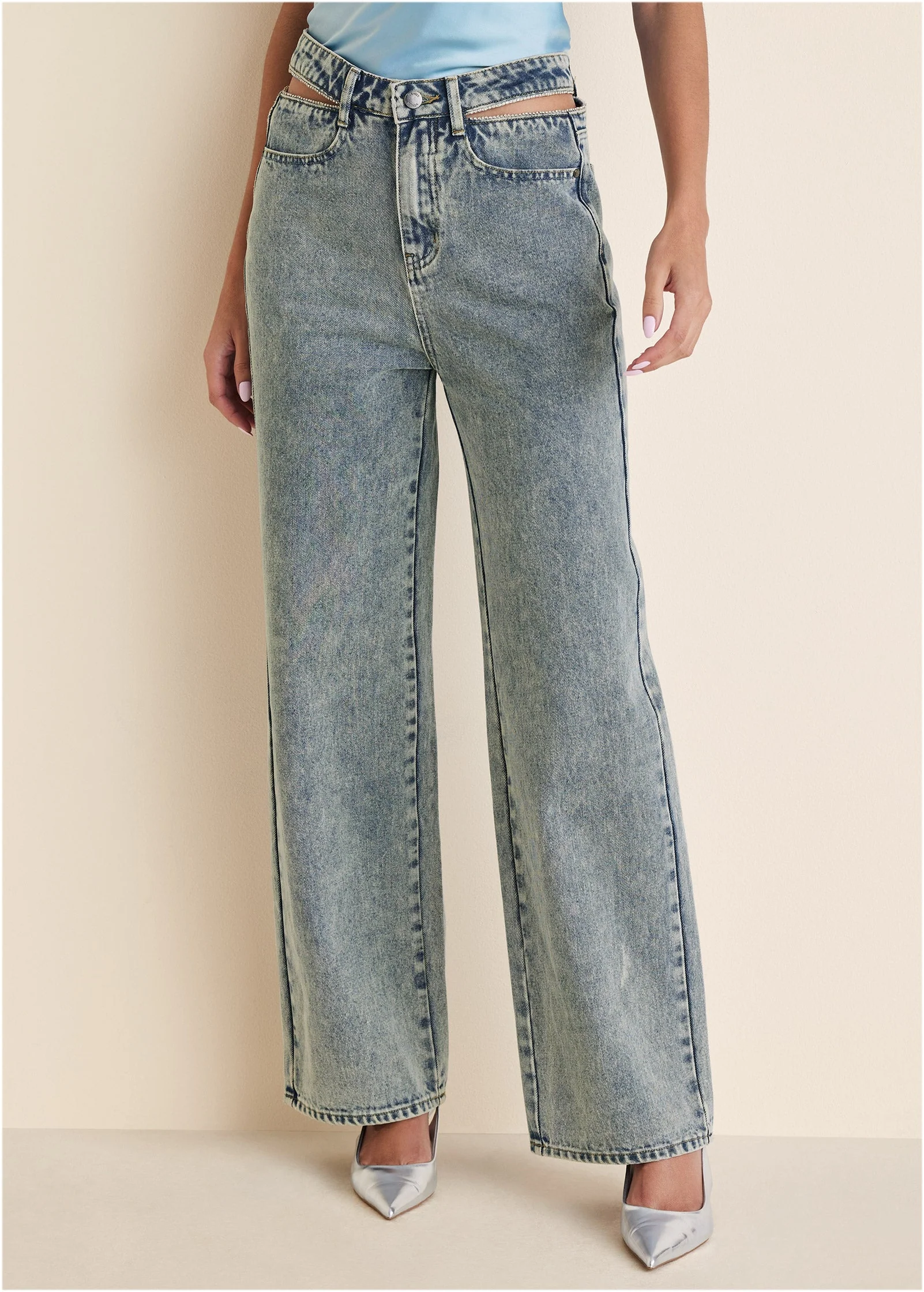 Rhinestone Cut Out Jeans - Acid Wash - Image 2