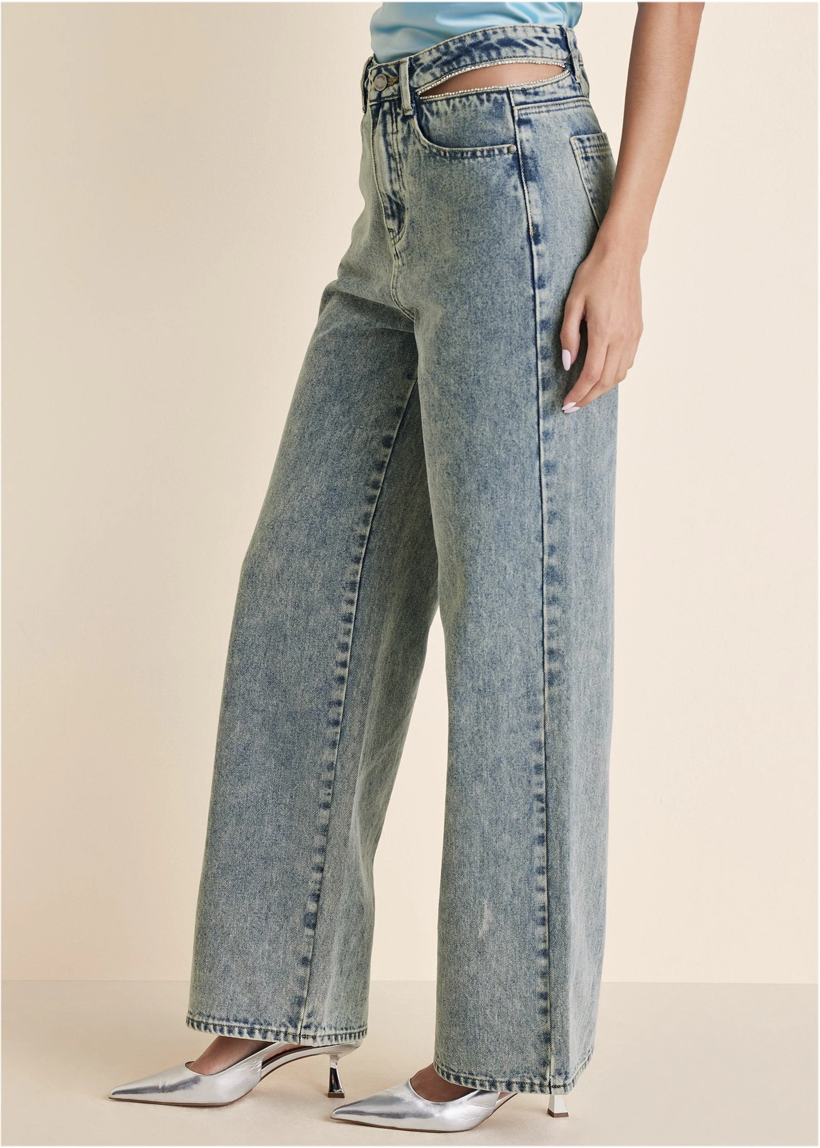 Rhinestone Cut Out Jeans - Acid Wash - Image 4