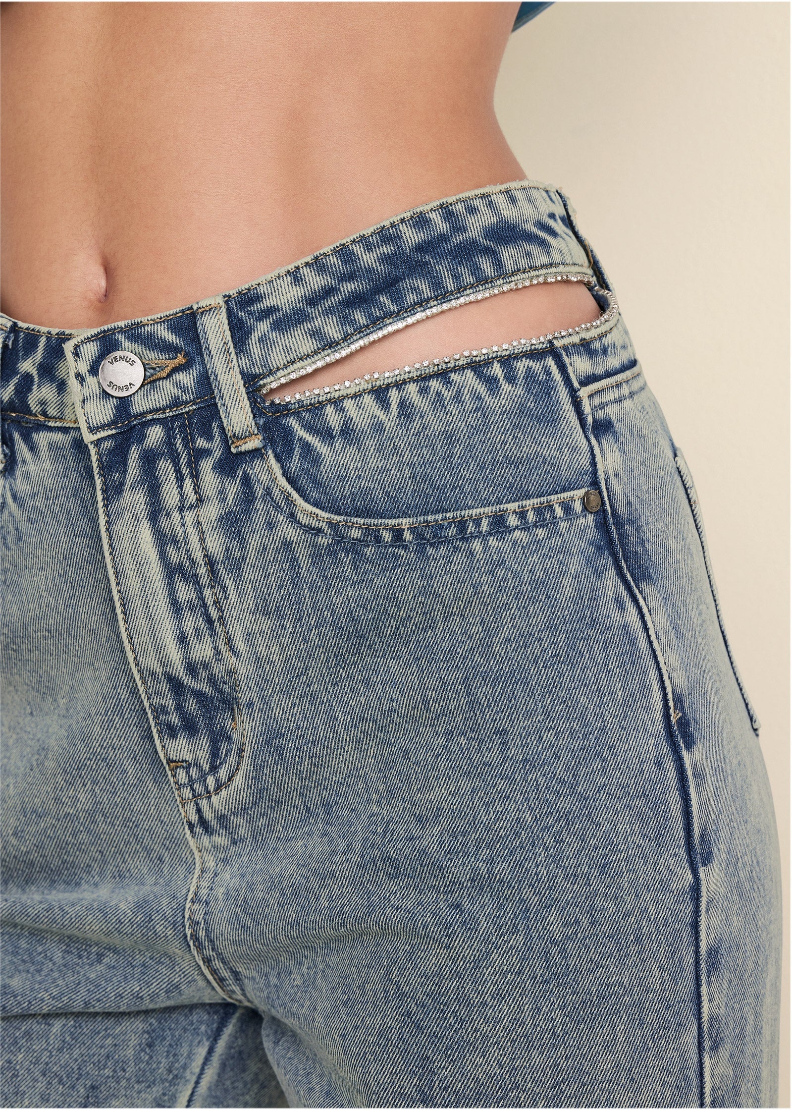Rhinestone Cut Out Jeans - Acid Wash - Image 5