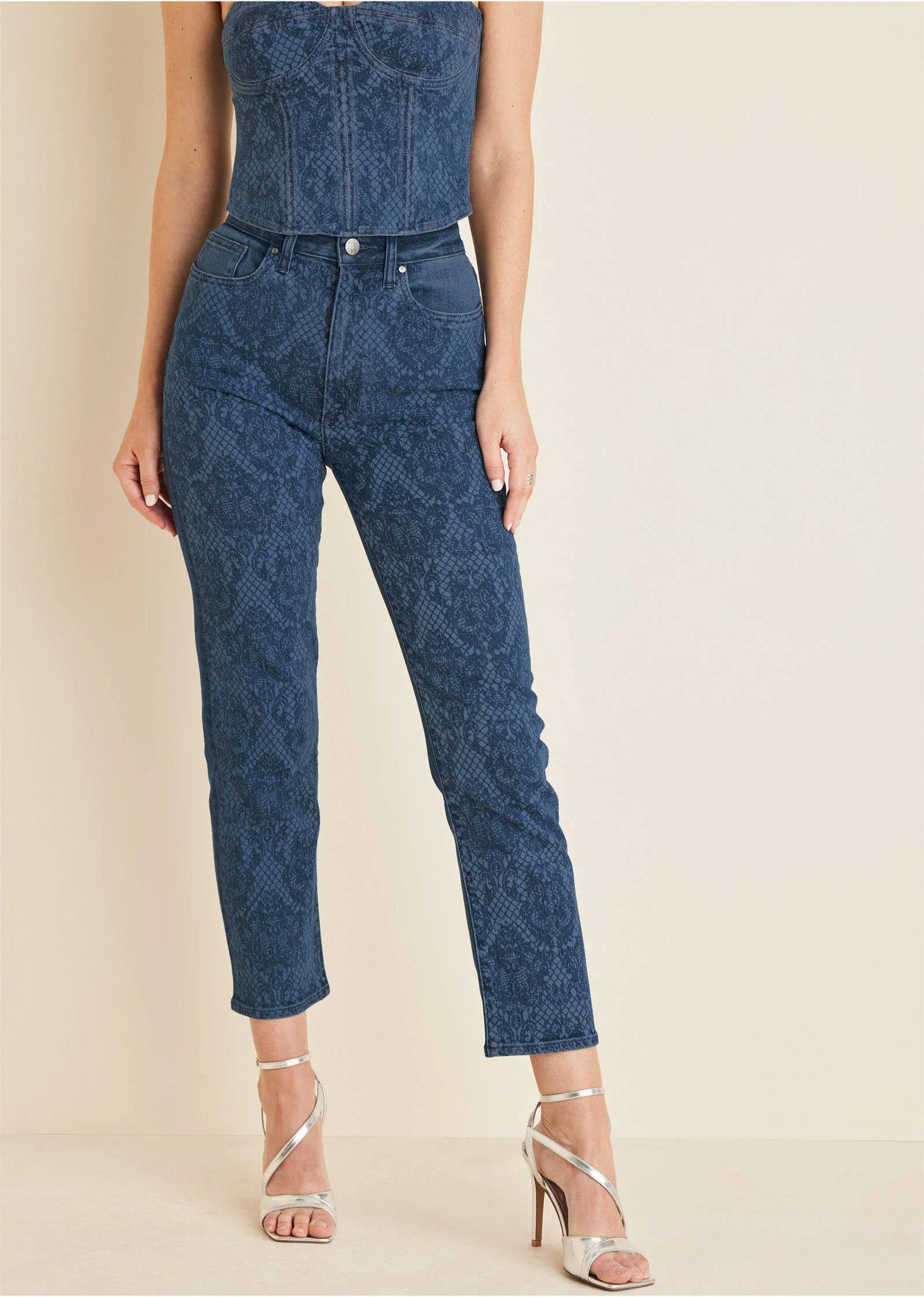 Lace Print Straight Jeans - Medium Wash - Image 2