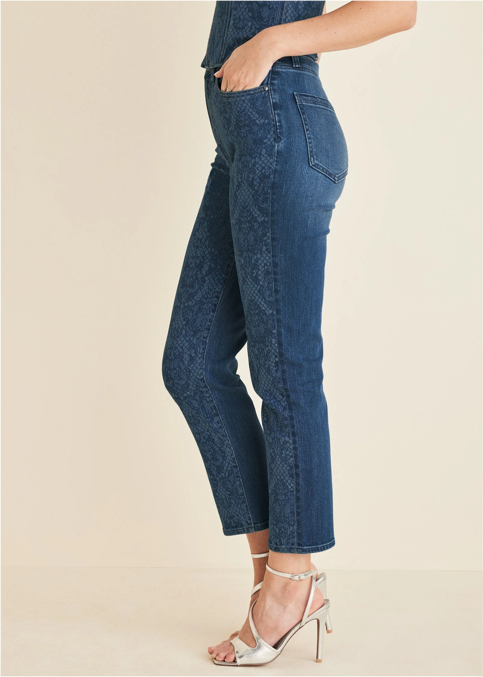 Lace Print Straight Jeans - Medium Wash - Image 4