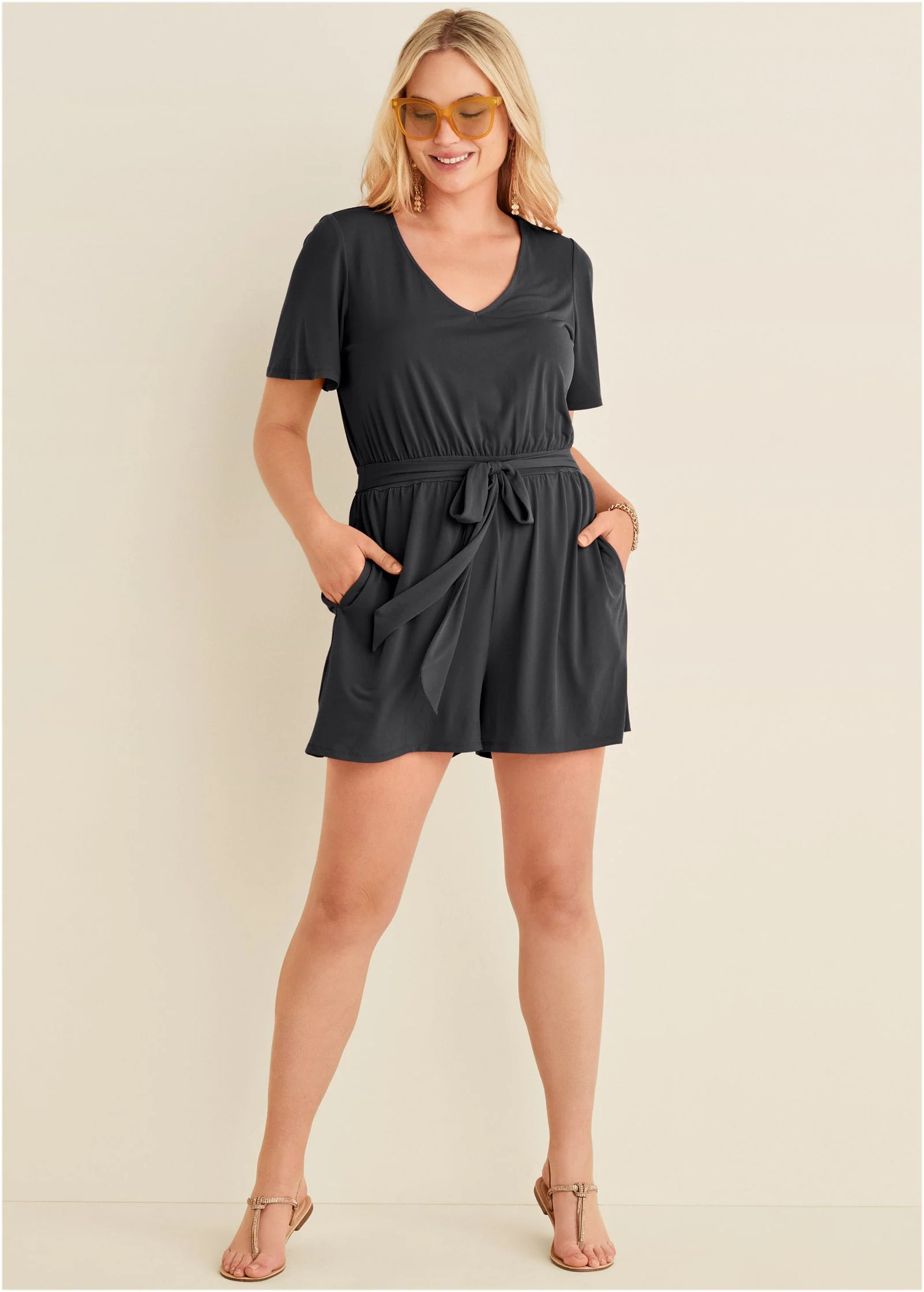 Tie Waist Romper - Jet Black - Image 5