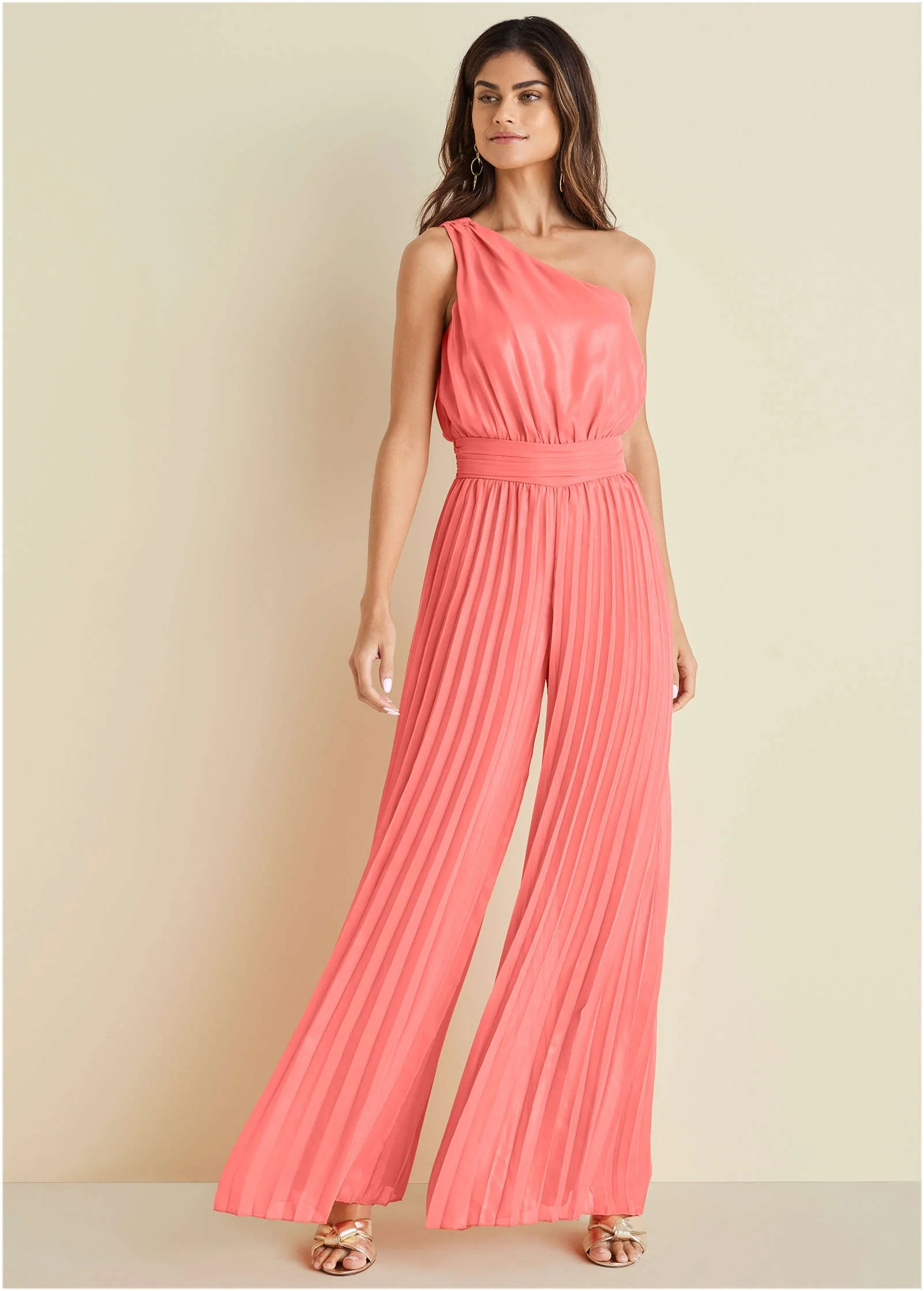 Gold Foil Pleated Jumpsuit - Coral - Image 4