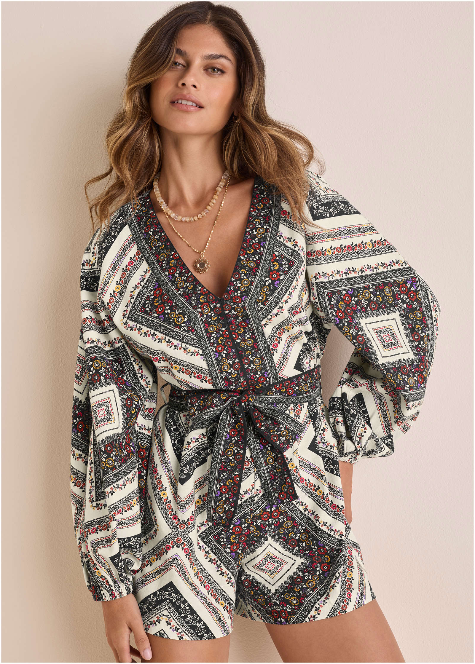 Linen Tie-Waist Romper - Summer Prairie Patchwork Floral - Image 2