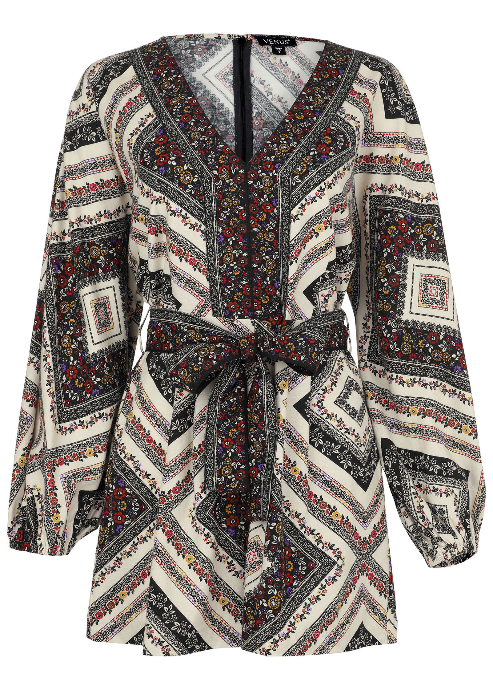 Linen Tie-Waist Romper - Summer Prairie Patchwork Floral - Image 4