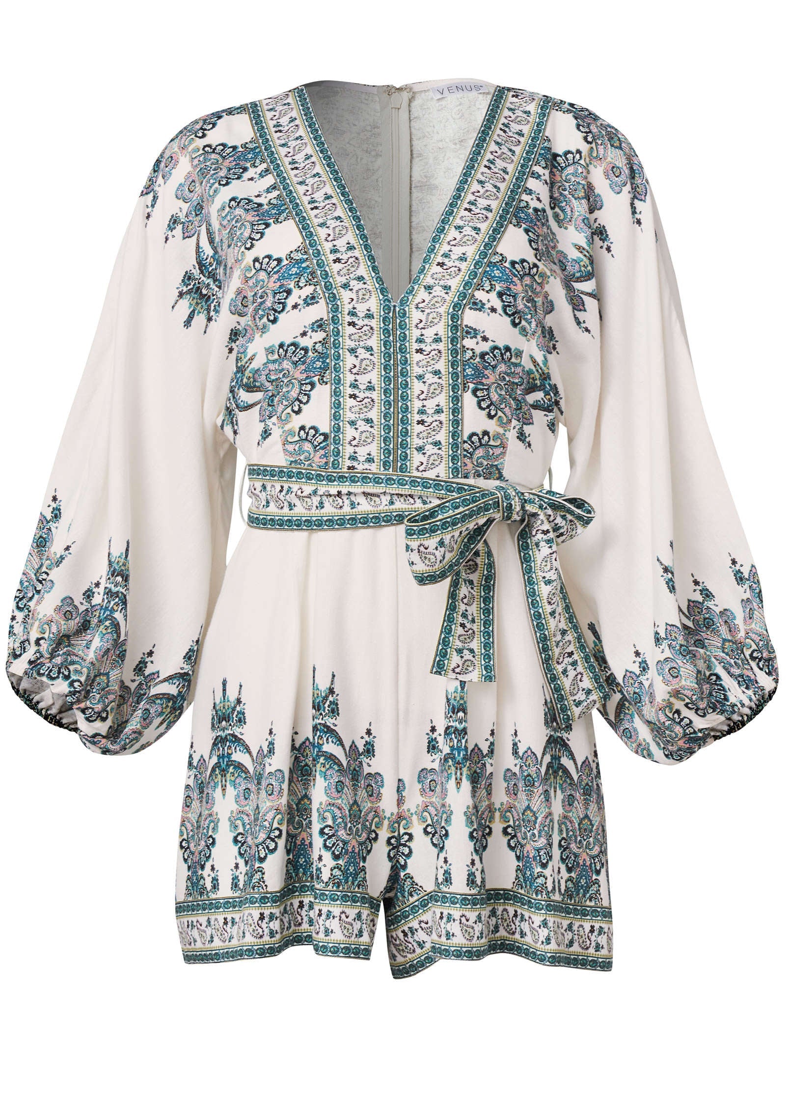 Linen Tie-Waist Romper - White Multi - Image 5