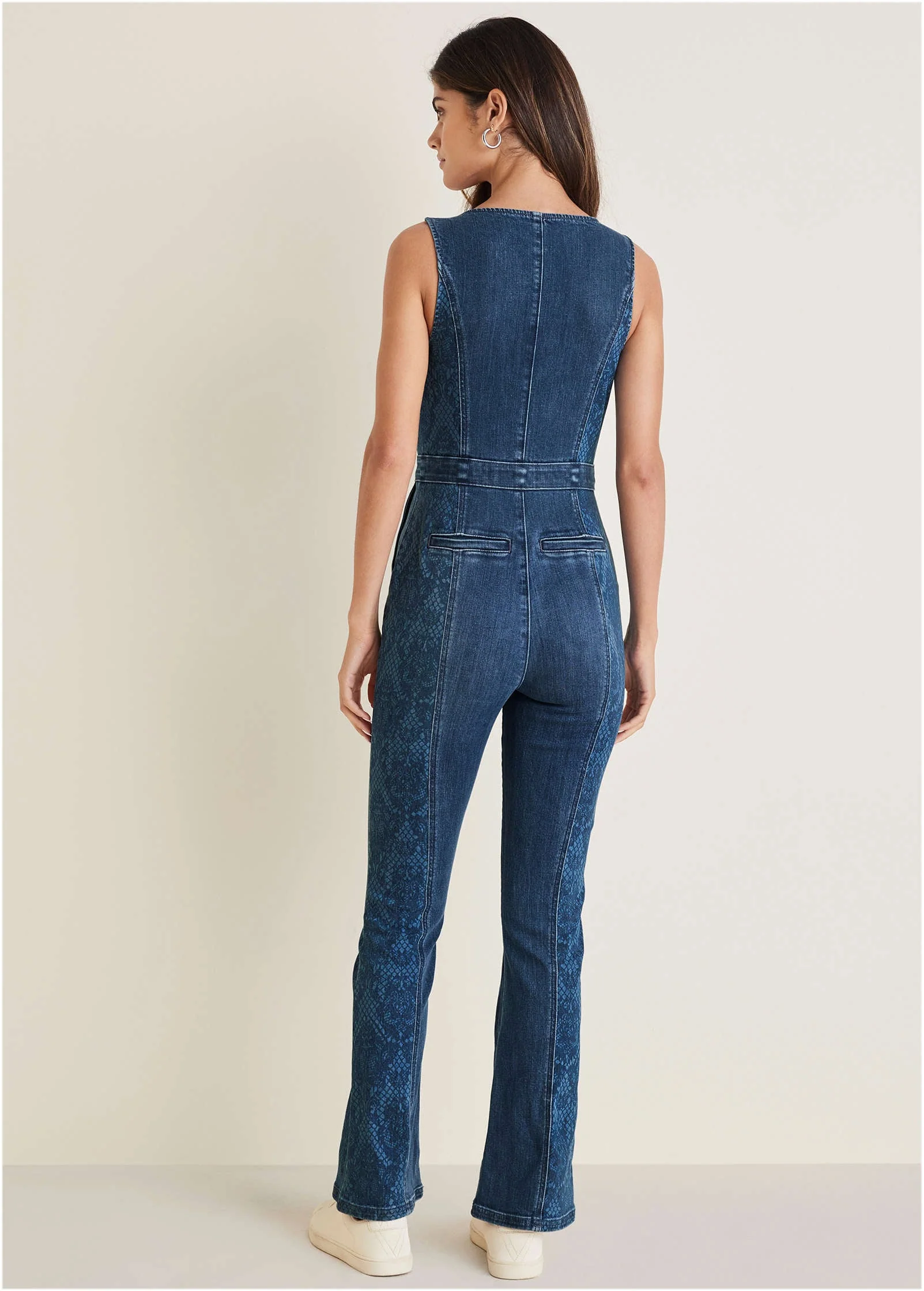 Lace Print Denim Jumpsuit - Medium Wash - Image 2