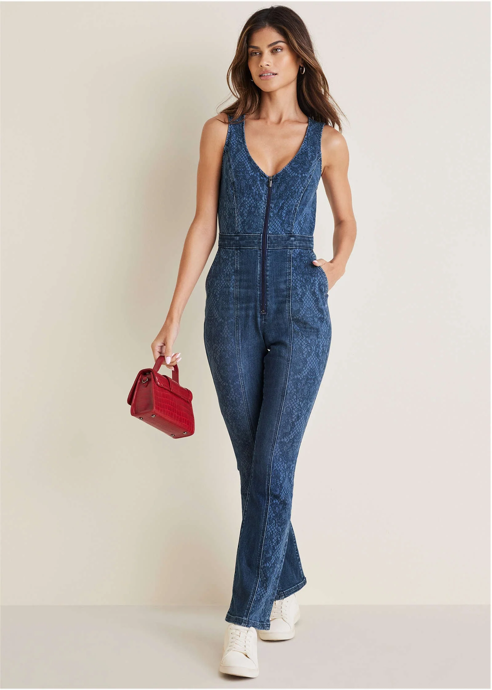 Lace Print Denim Jumpsuit - Medium Wash - Image 5