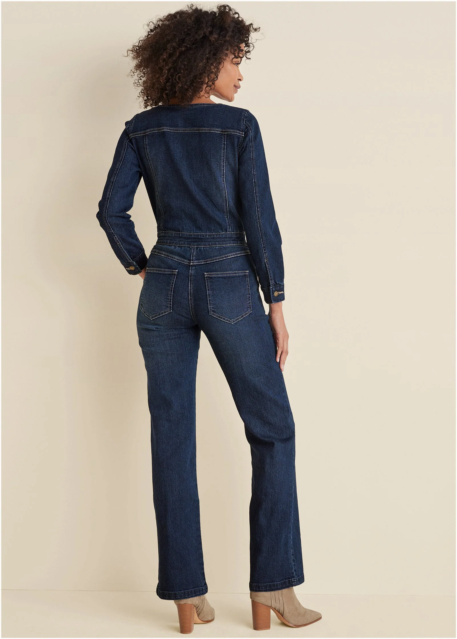 Zip Front Denim Jumpsuit - Dark Wash - Image 2