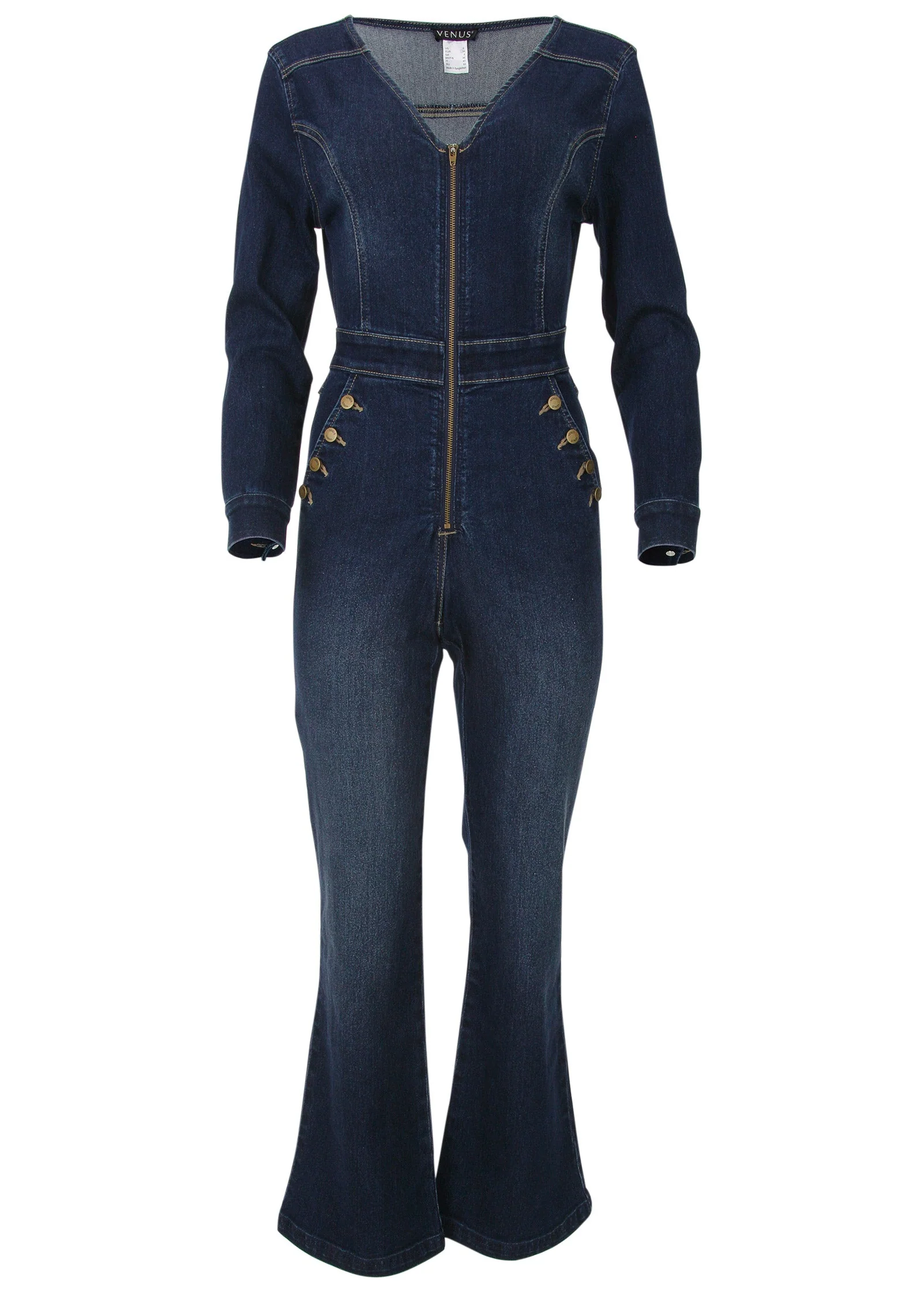Zip Front Denim Jumpsuit - Dark Wash - Image 3
