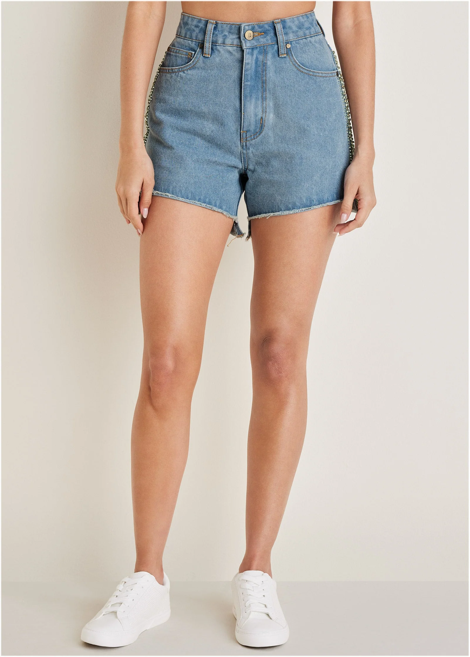 Step Hem Rhinestone Short - Light Wash - Image 4