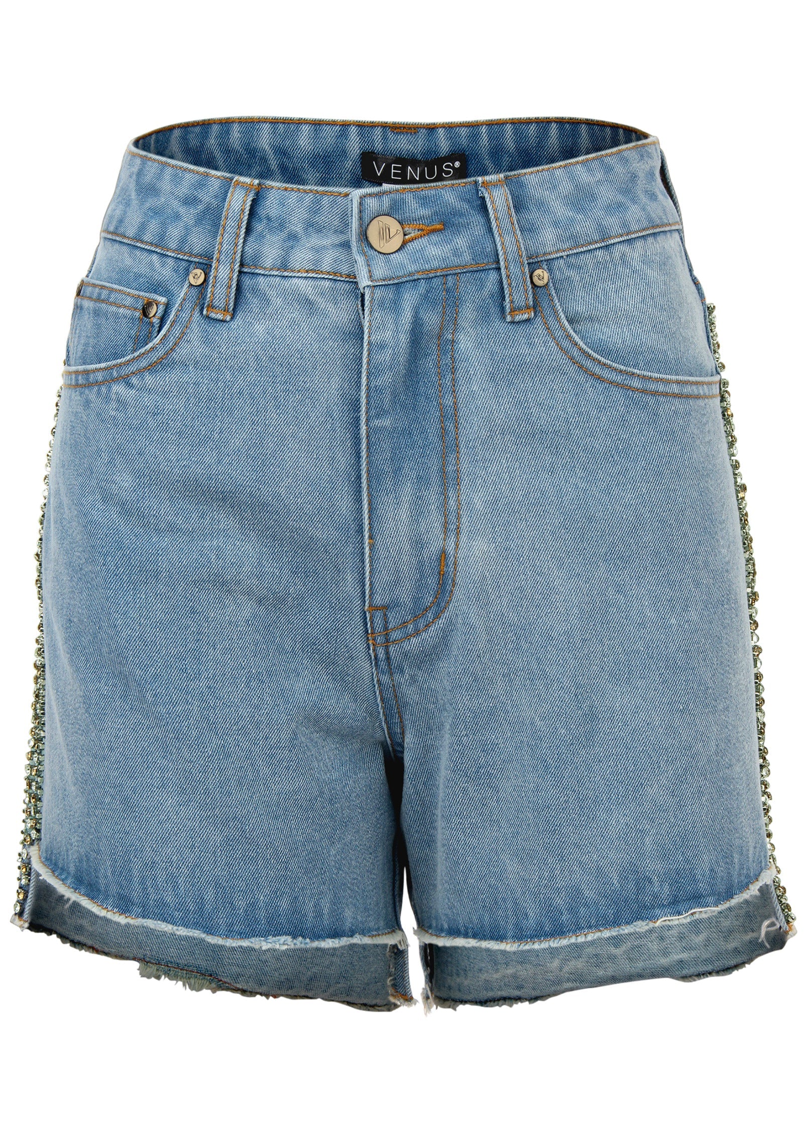 Step Hem Rhinestone Short - Light Wash - Image 5