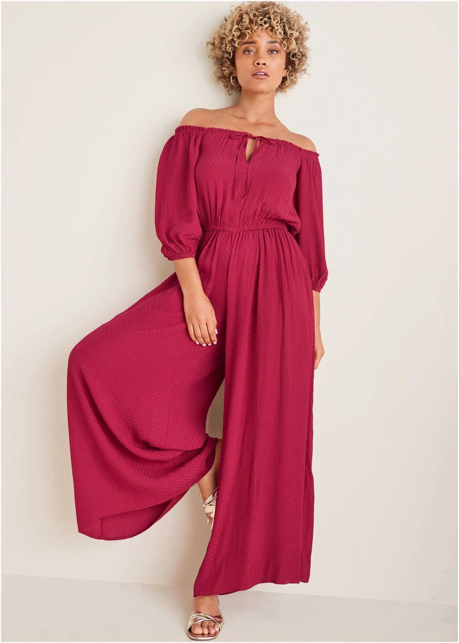 Off-The-Shoulder Jumpsuit - Persian Red - Image 5
