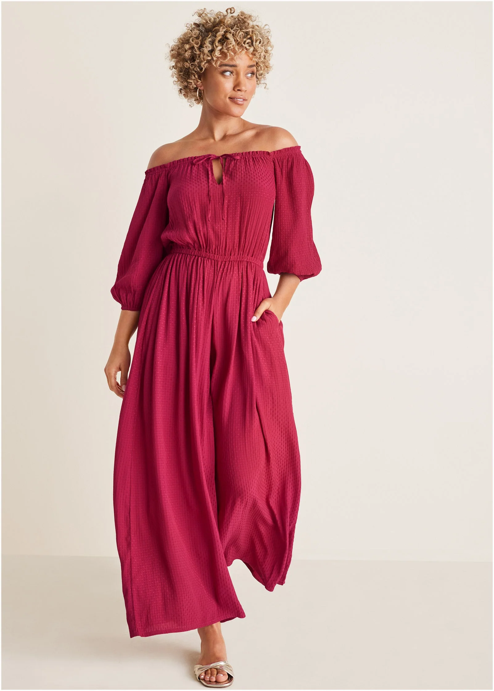Off-The-Shoulder Jumpsuit - Persian Red - Image 6