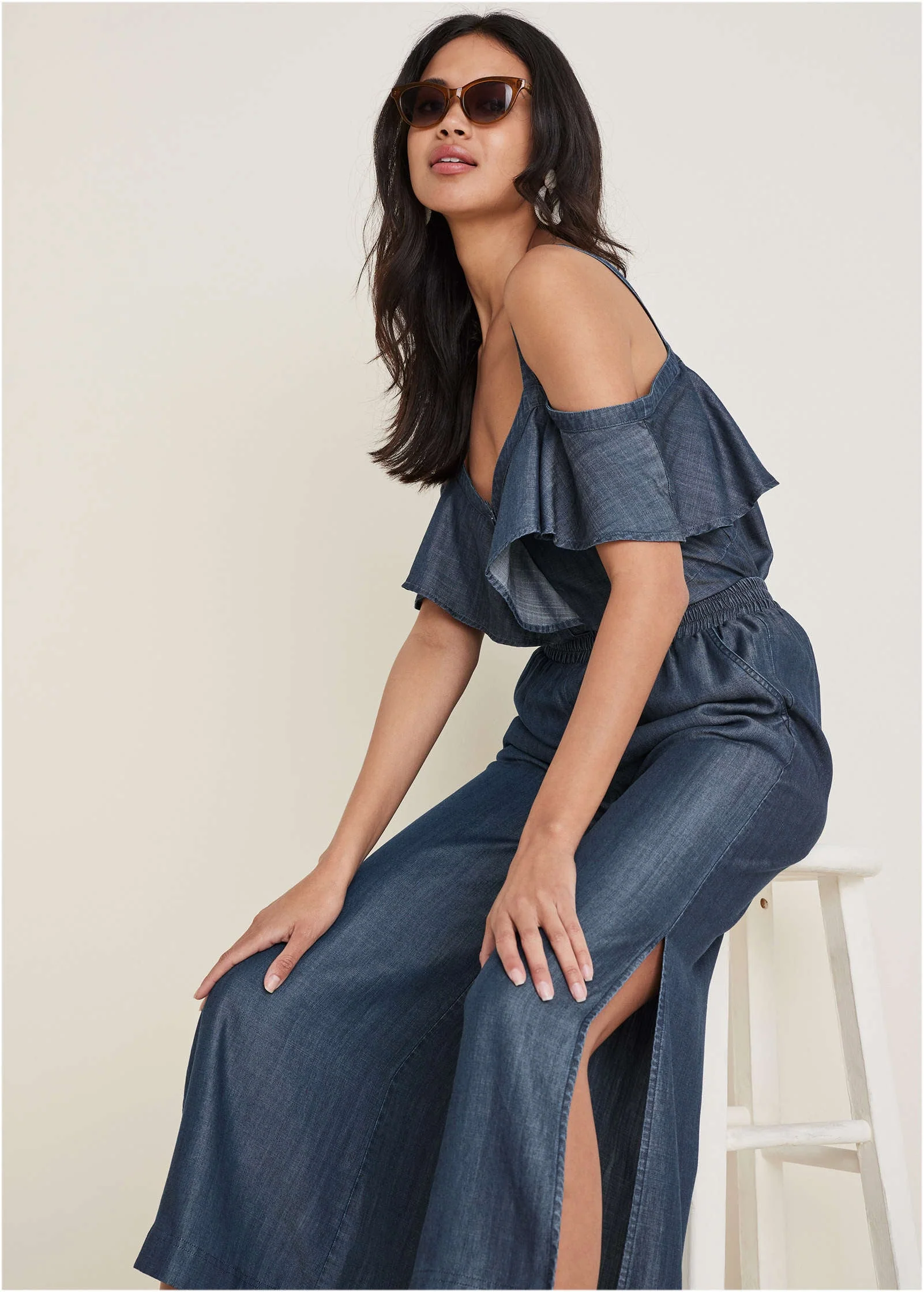 Chambray Cropped Pants - Dark Wash