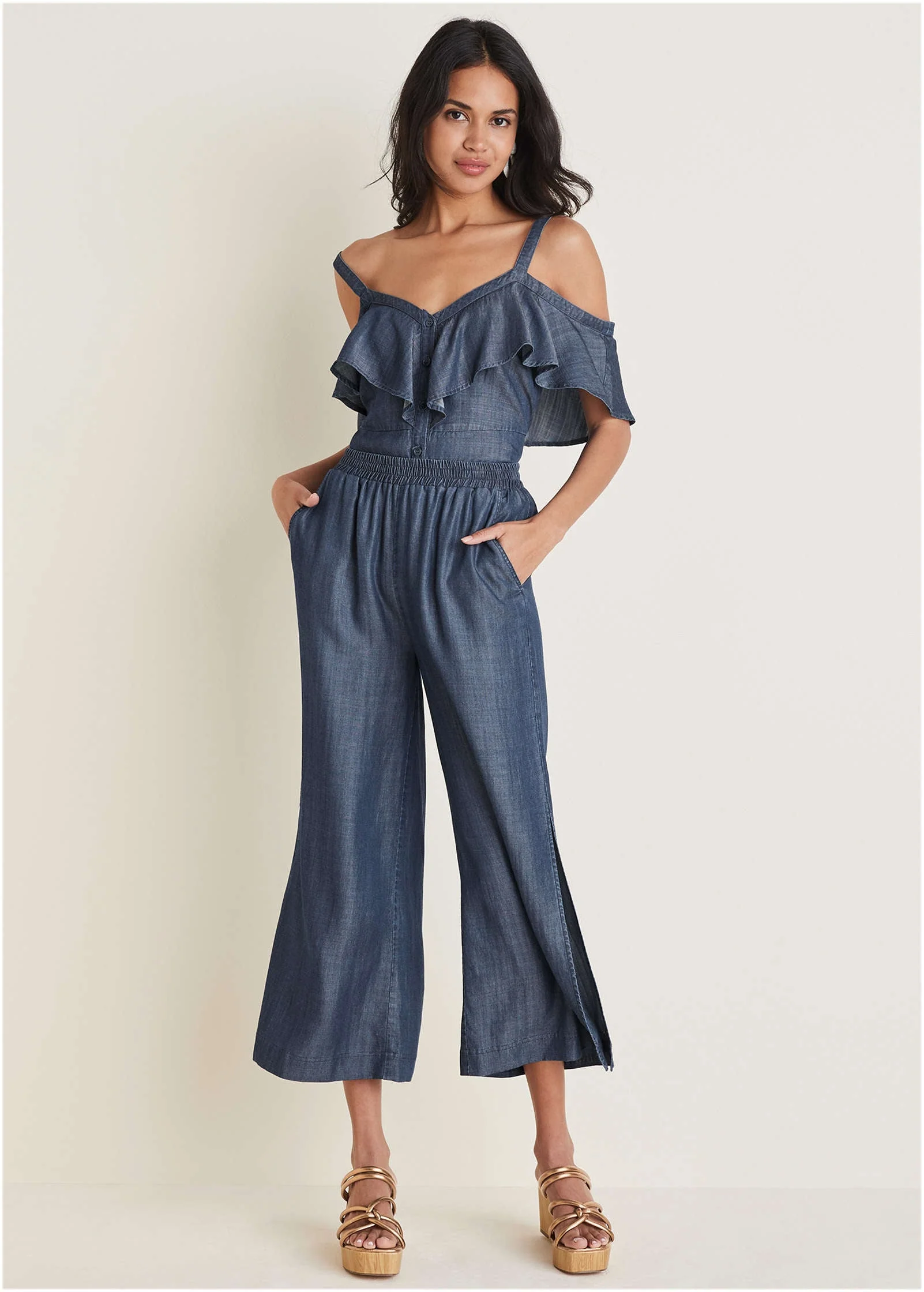 Chambray Cropped Pants - Dark Wash - Image 2