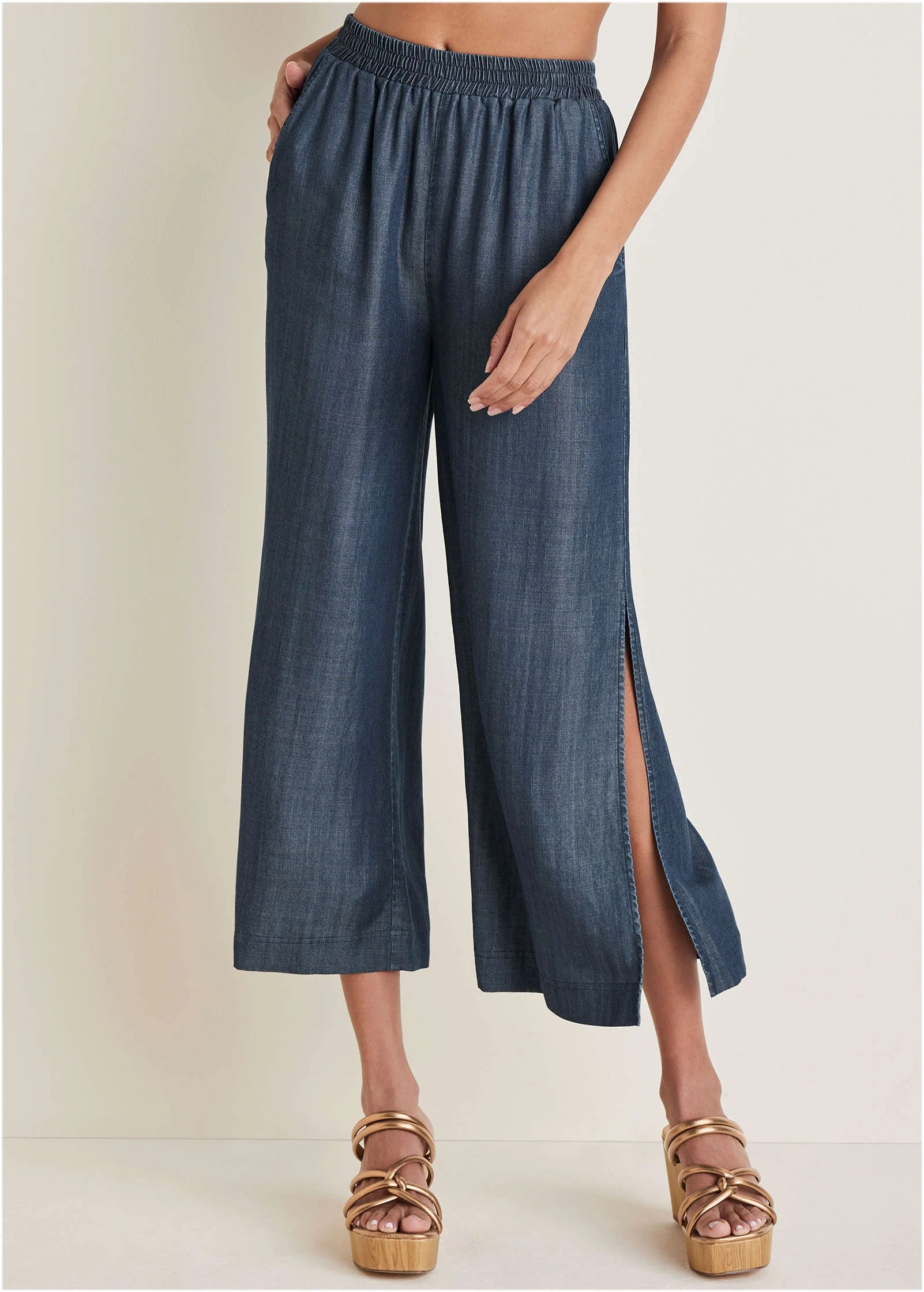 Chambray Cropped Pants - Dark Wash - Image 3