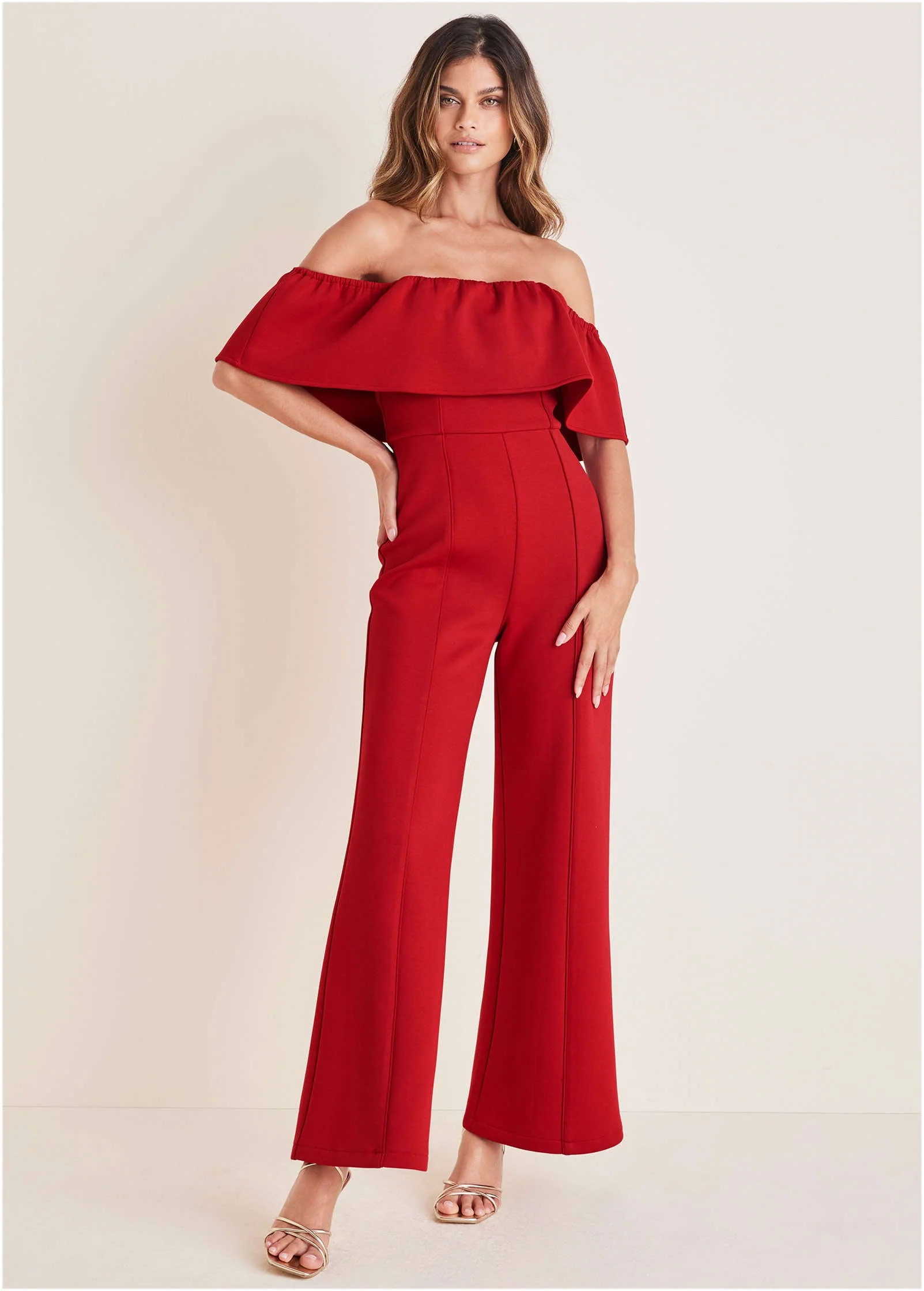 Off The Shoulder Jumpsuit - Haute Red - Image 3