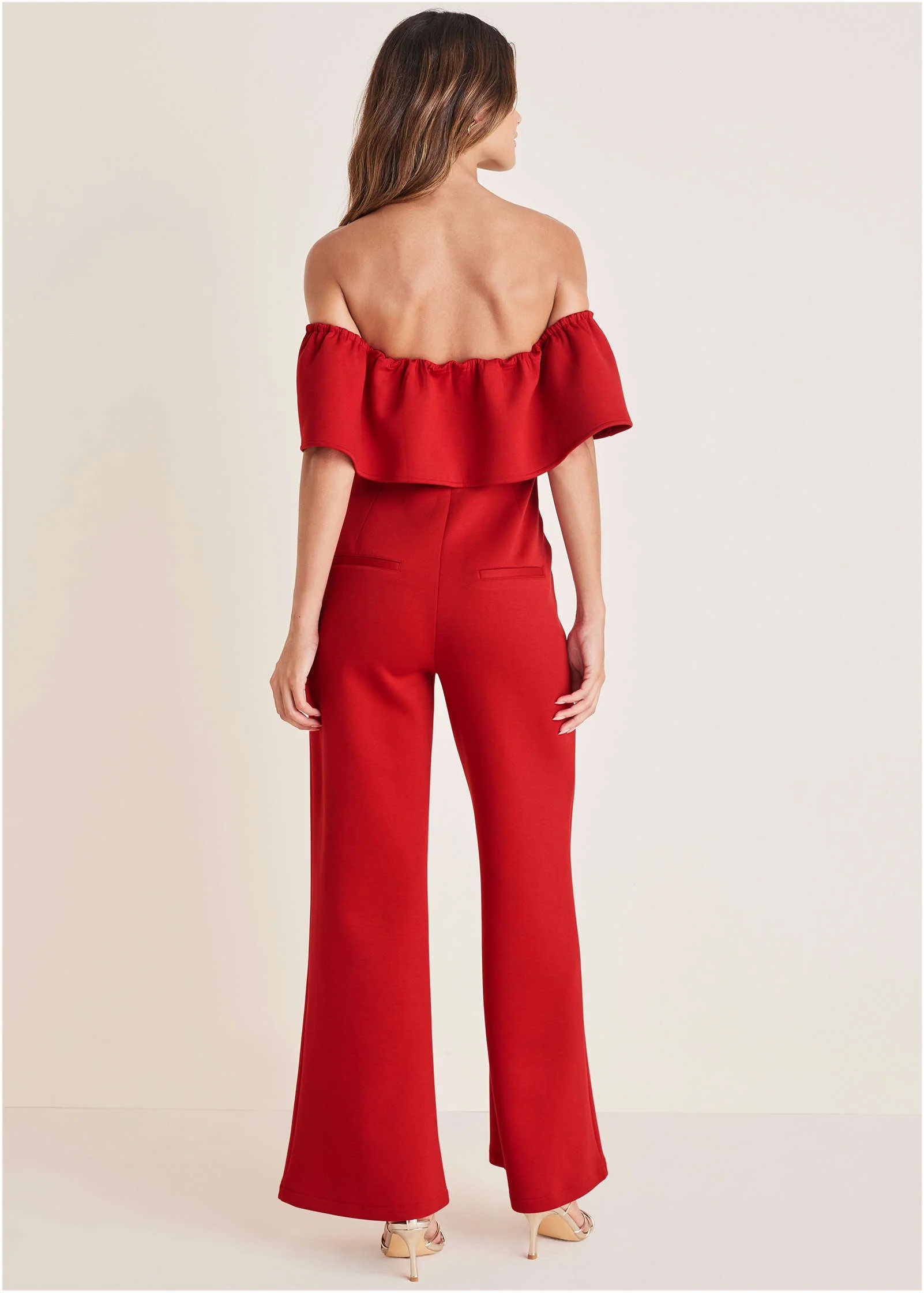 Off The Shoulder Jumpsuit - Haute Red - Image 5