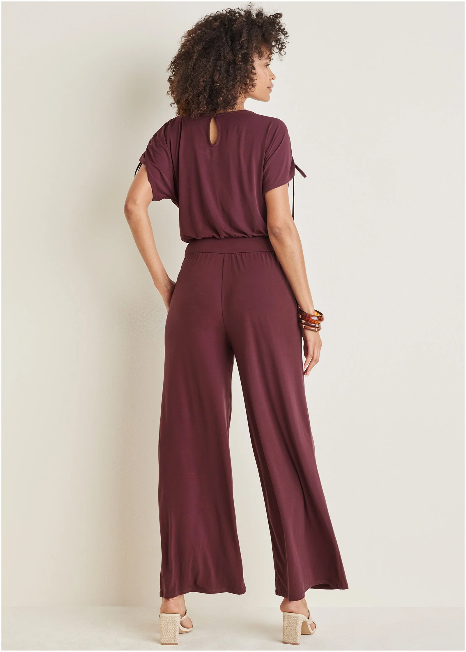Shoulder Detail Wide Leg Jumpsuit - Wine - Image 2