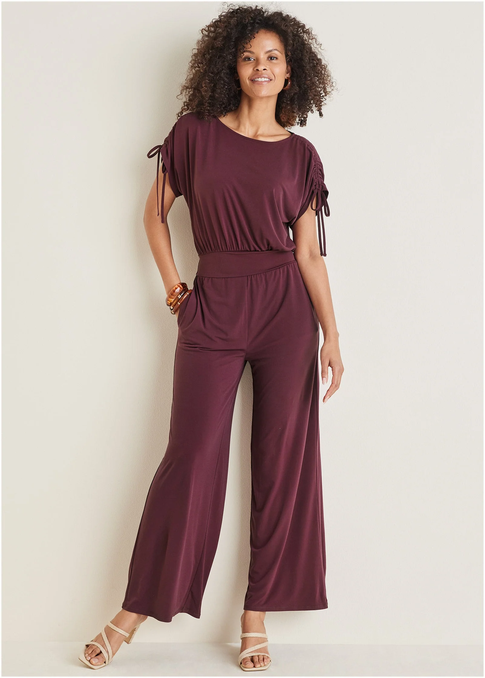 Shoulder Detail Wide Leg Jumpsuit - Wine - Image 5