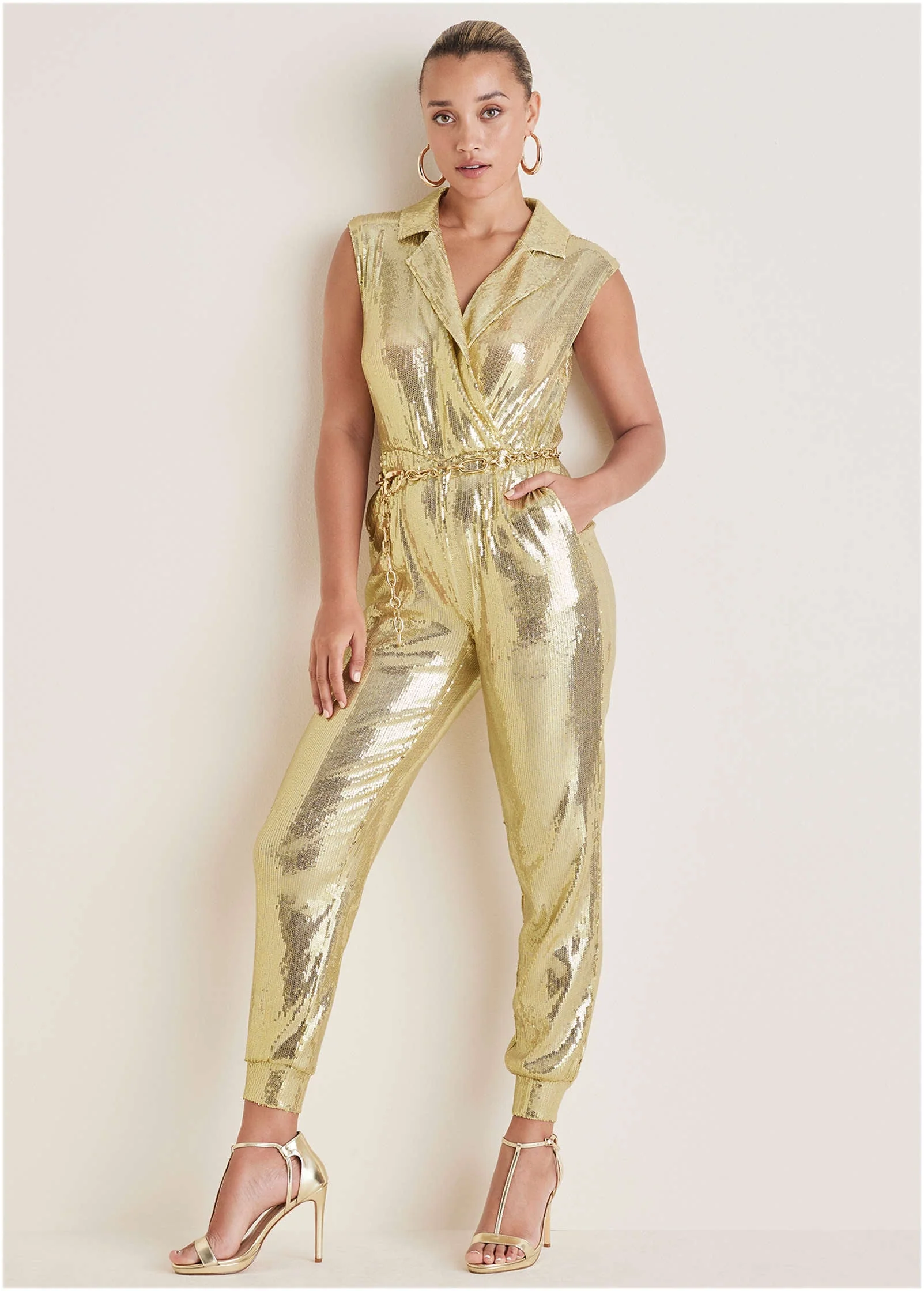 Sleeveless Sequin Jogger Jumpsuit - Gold - Image 3