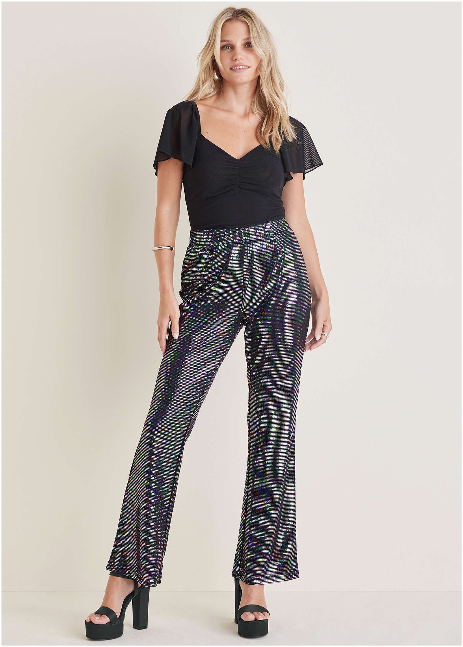 Sequin Flare Leg Pants - Colorful Sequins - Image 5