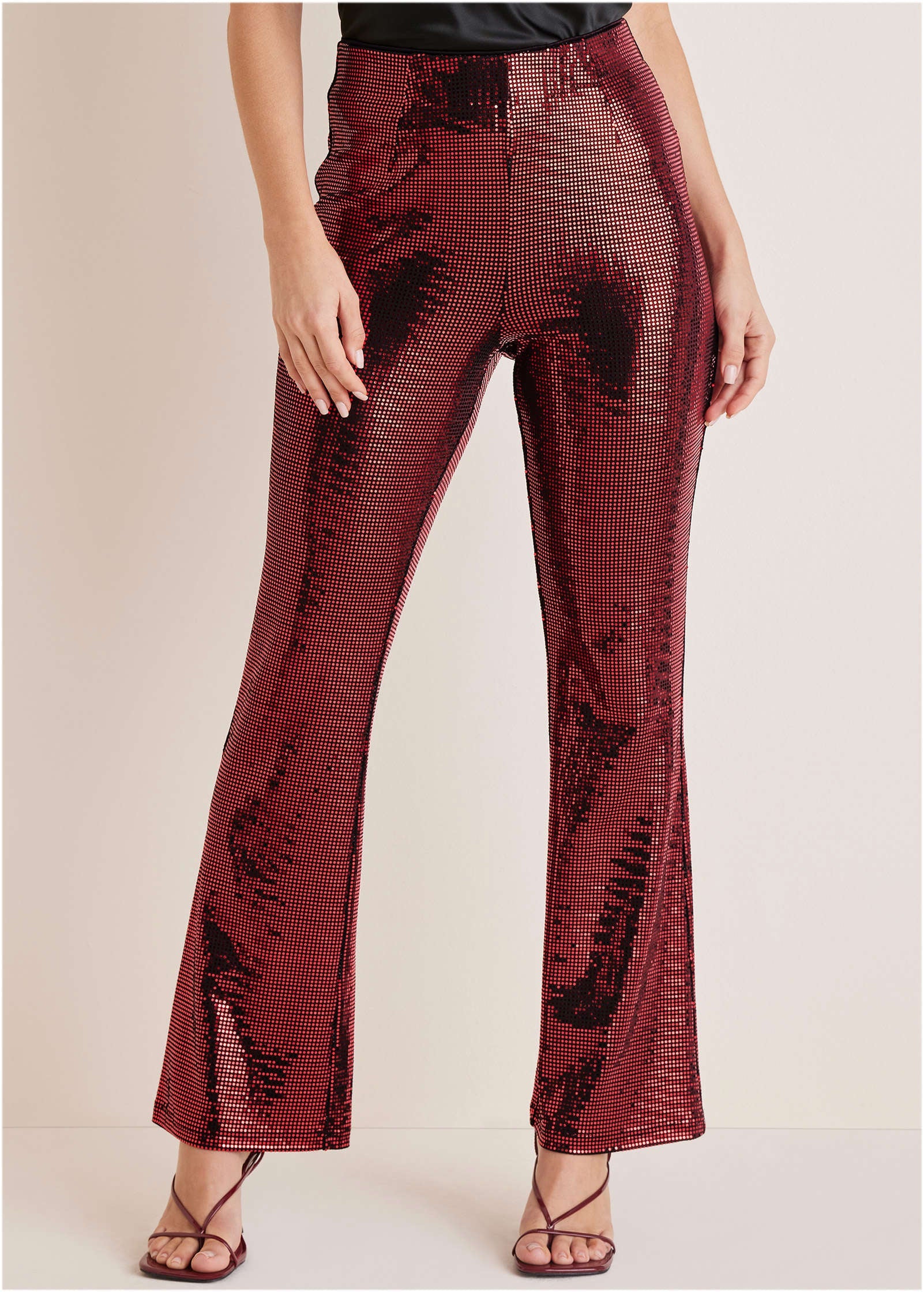 Sequin Flare Leg Pants - Red & Black - Image 2