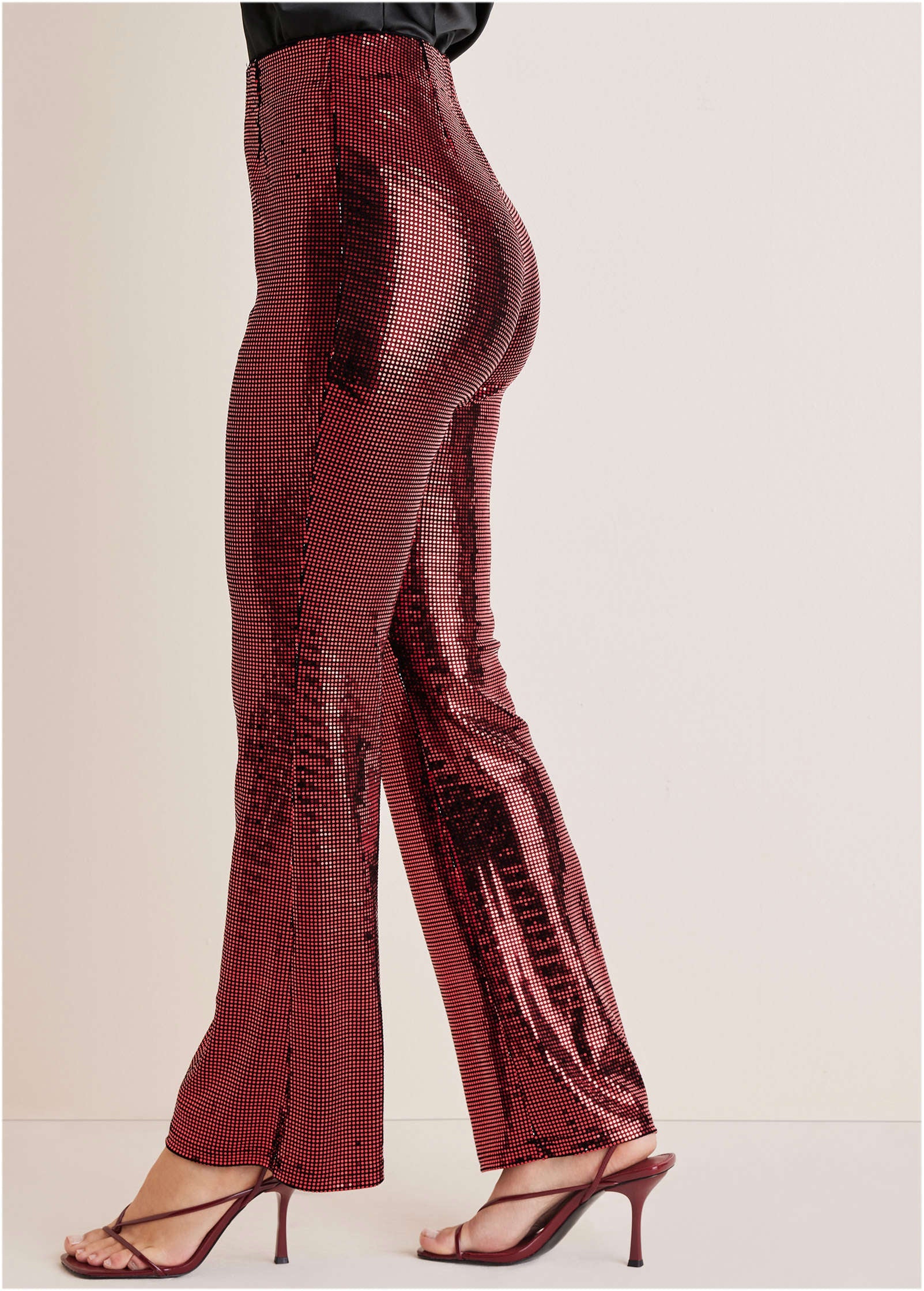 Sequin Flare Leg Pants - Red & Black - Image 4