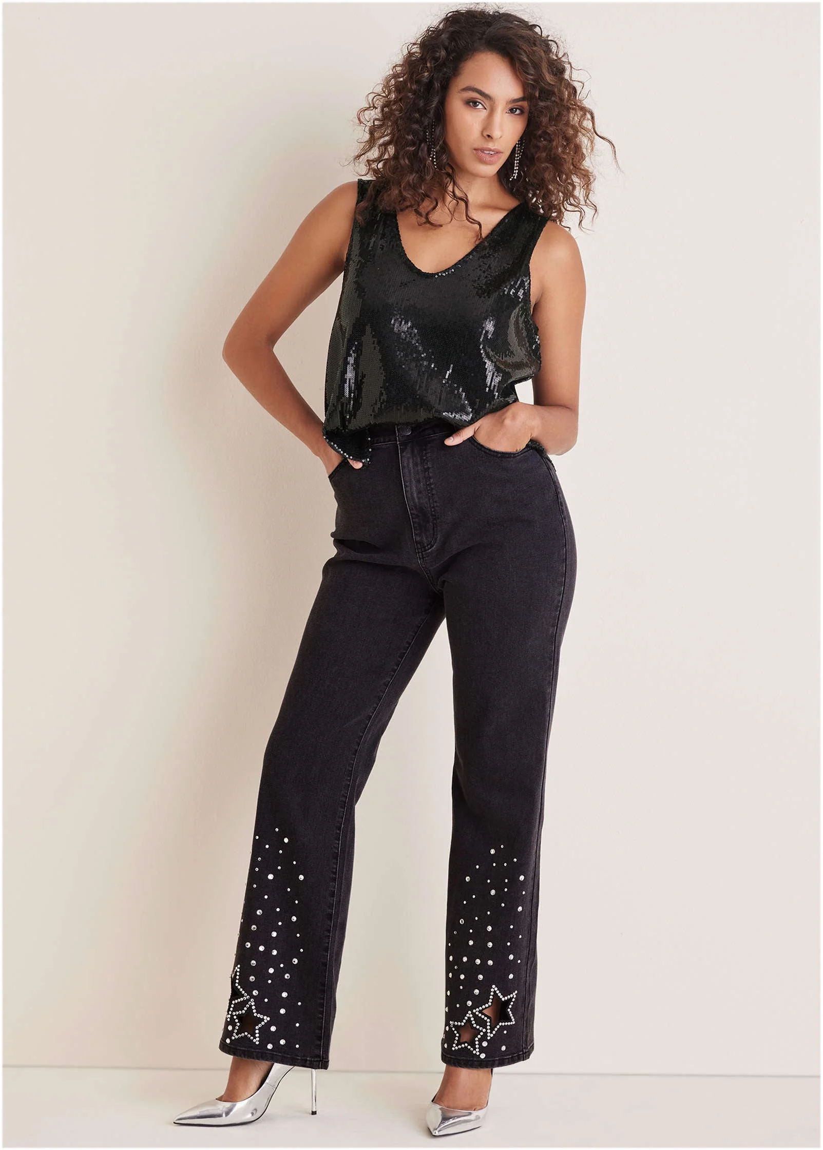 Rhinestone Embellished Jeans - Black Wash - Image 11