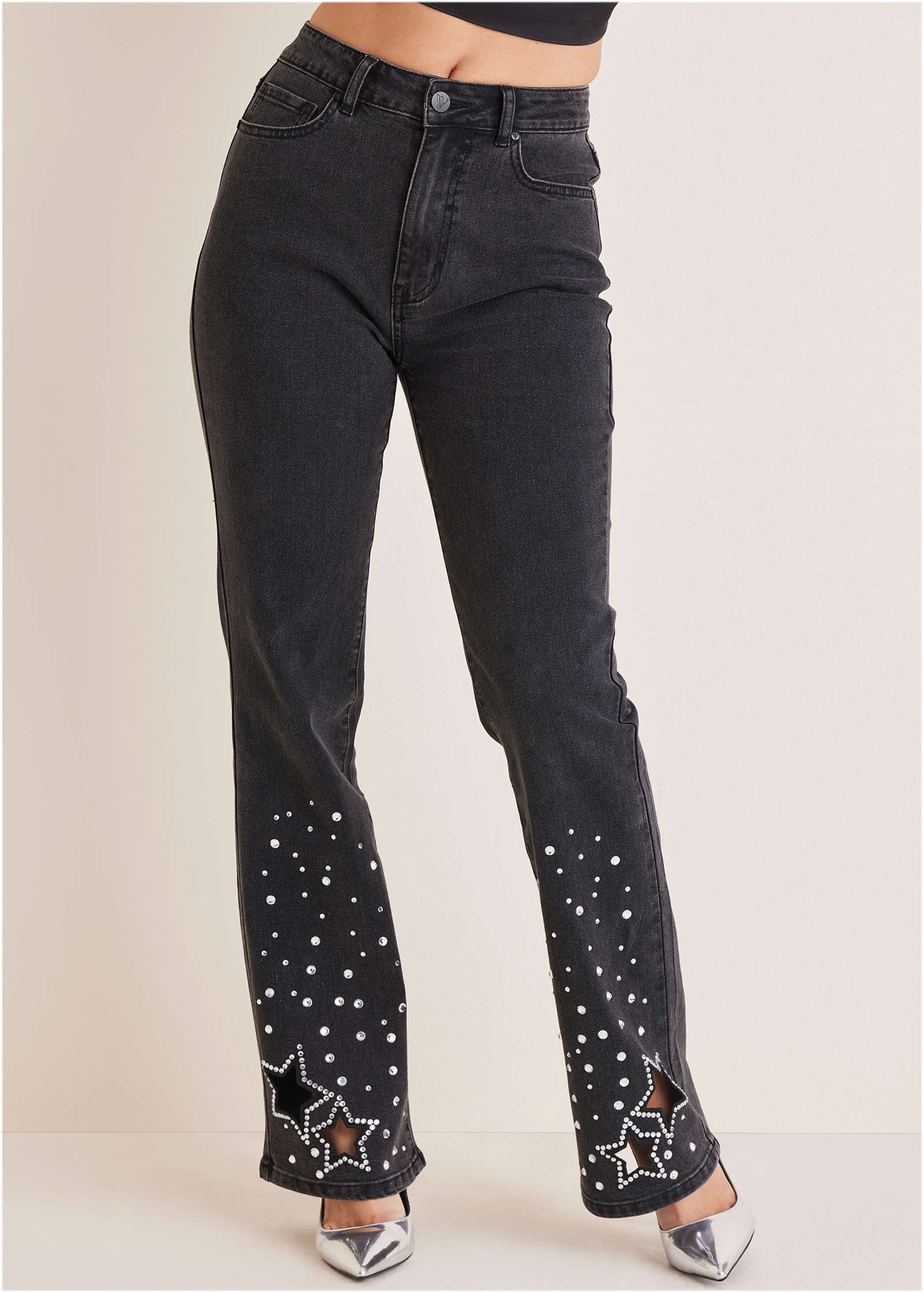 Rhinestone Embellished Jeans - Black Wash - Image 2