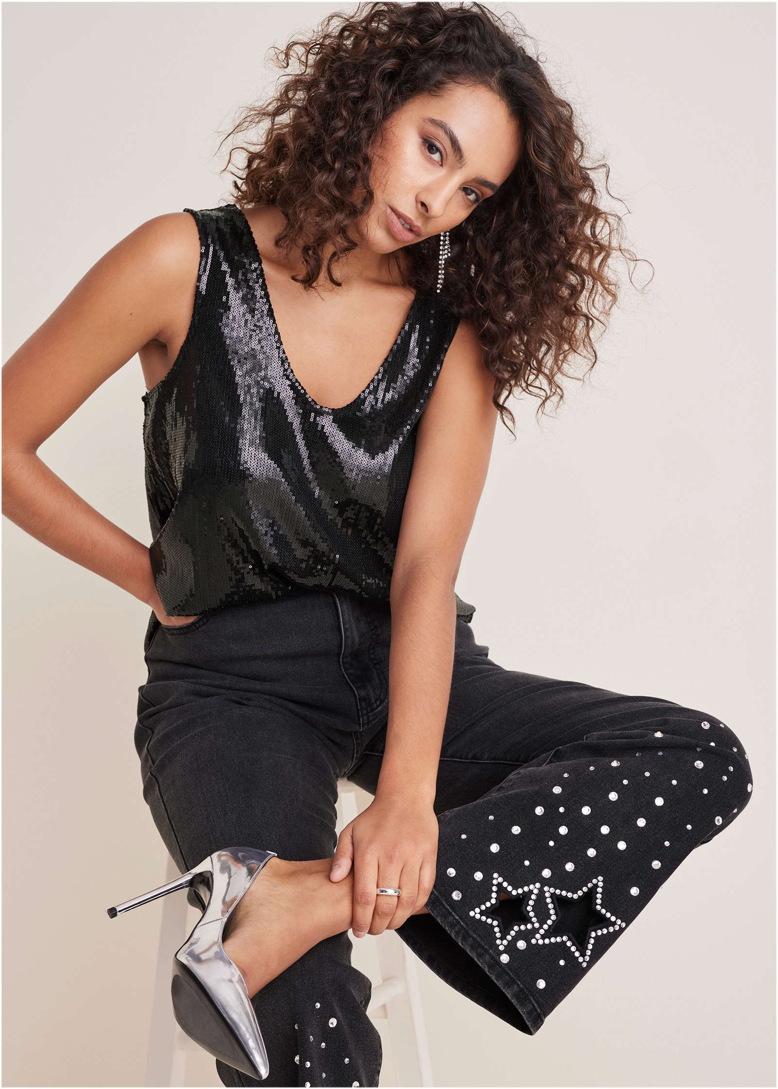 Rhinestone Embellished Jeans - Black Wash - Image 7