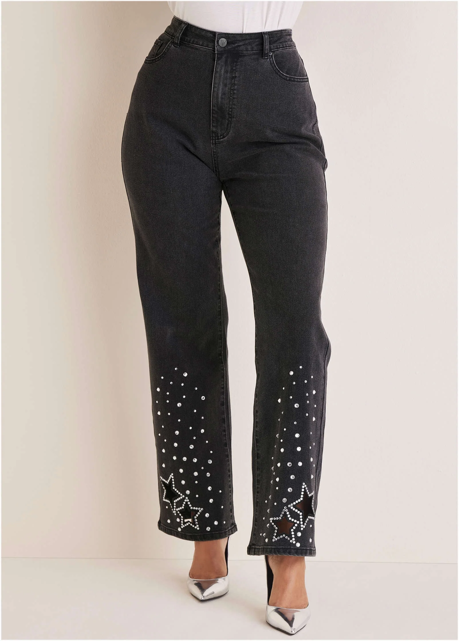 Rhinestone Embellished Jeans - Black Wash - Image 8