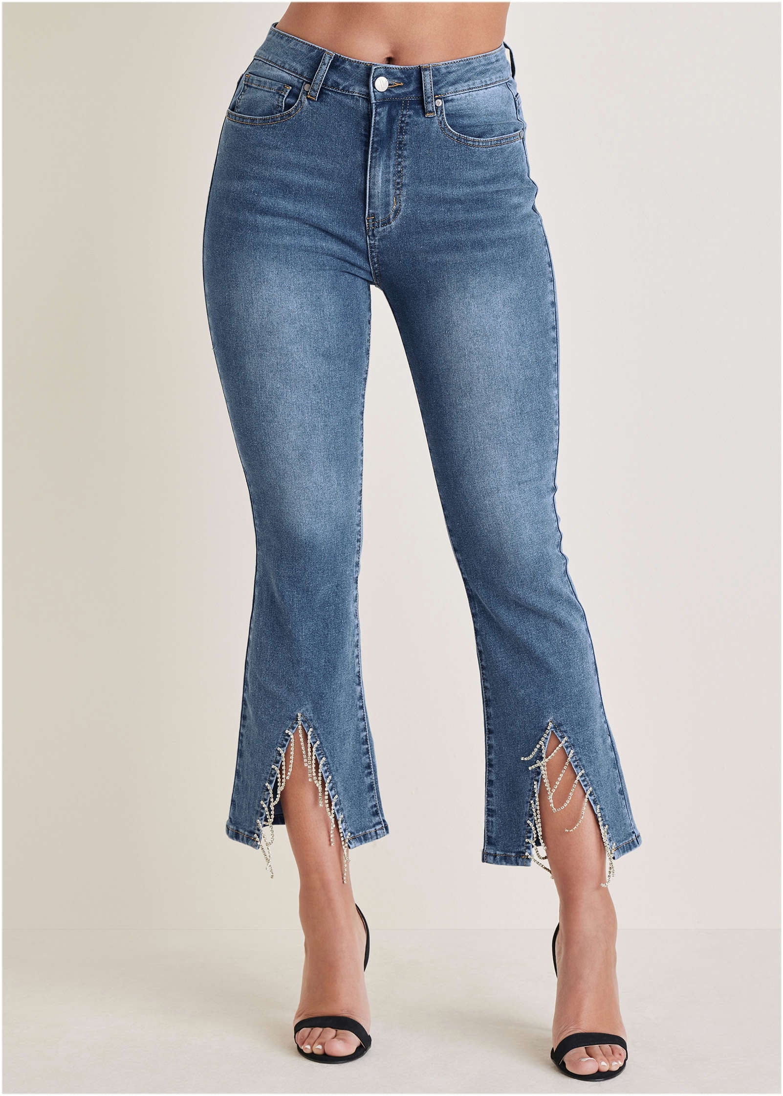 Rhinestone Kick Flare Jeans - Medium Wash - Image 2