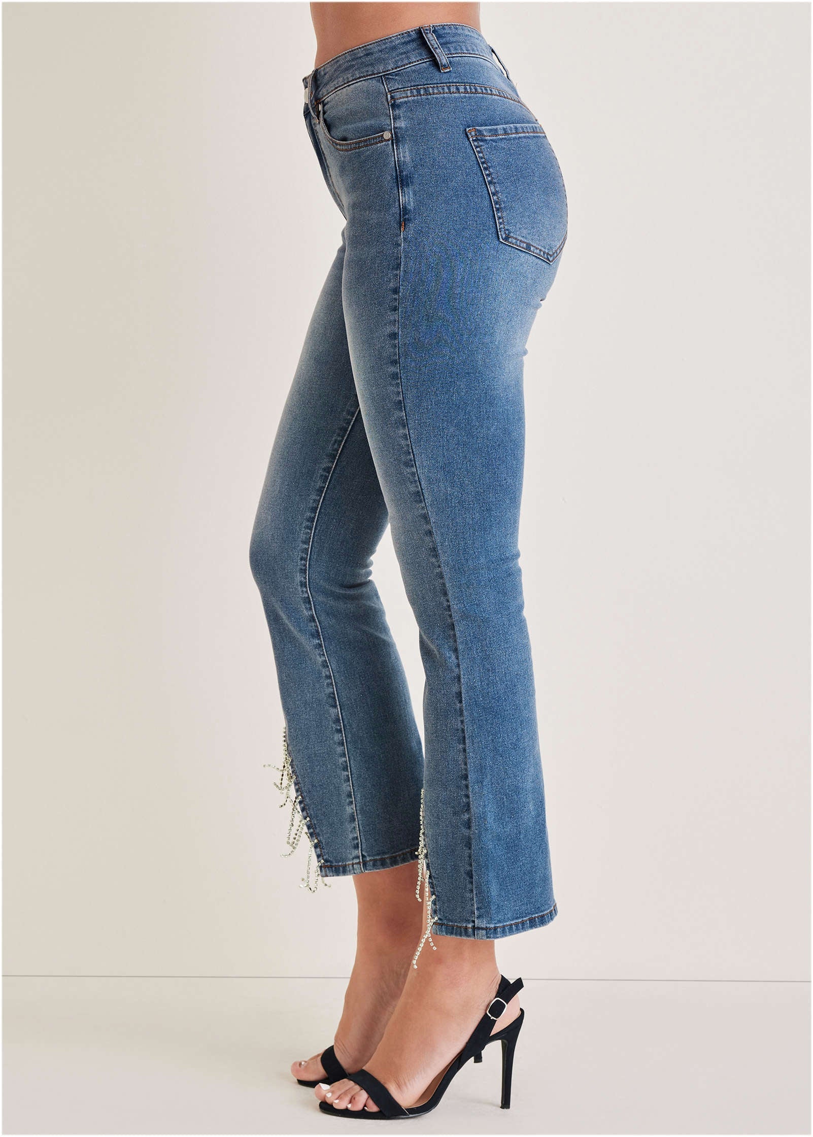 Rhinestone Kick Flare Jeans - Medium Wash - Image 4