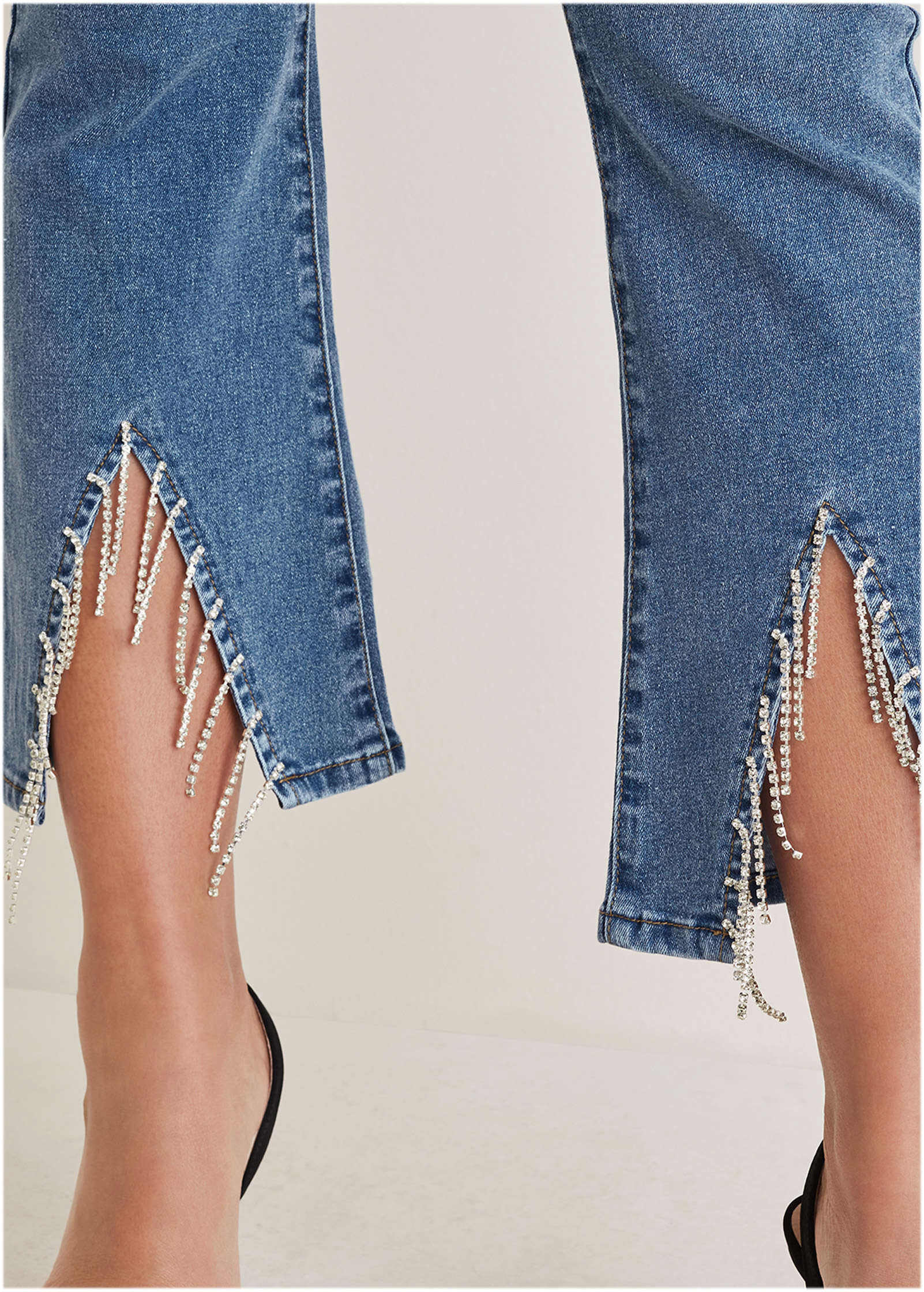 Rhinestone Kick Flare Jeans - Medium Wash - Image 5