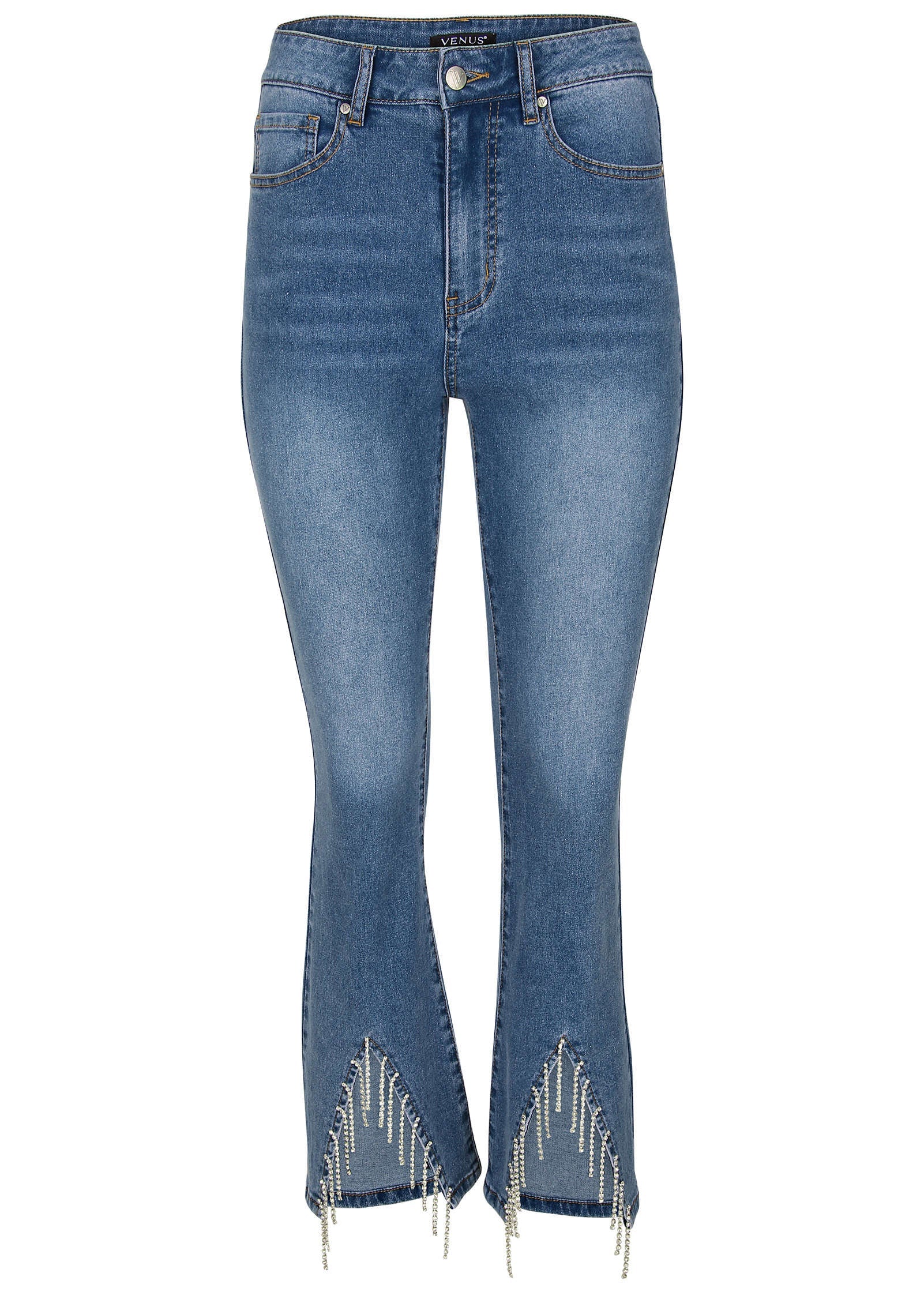 Rhinestone Kick Flare Jeans - Medium Wash - Image 6